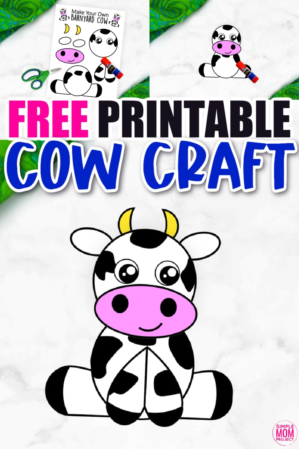 Use the FREE printable cow template to make this super cute and easy farm theme cow craft! This barnyard cow great for preschool toddlers and big kids! #FarmAnimals #FarmCrafts #FarmAnimalCrafts #CowCrafts