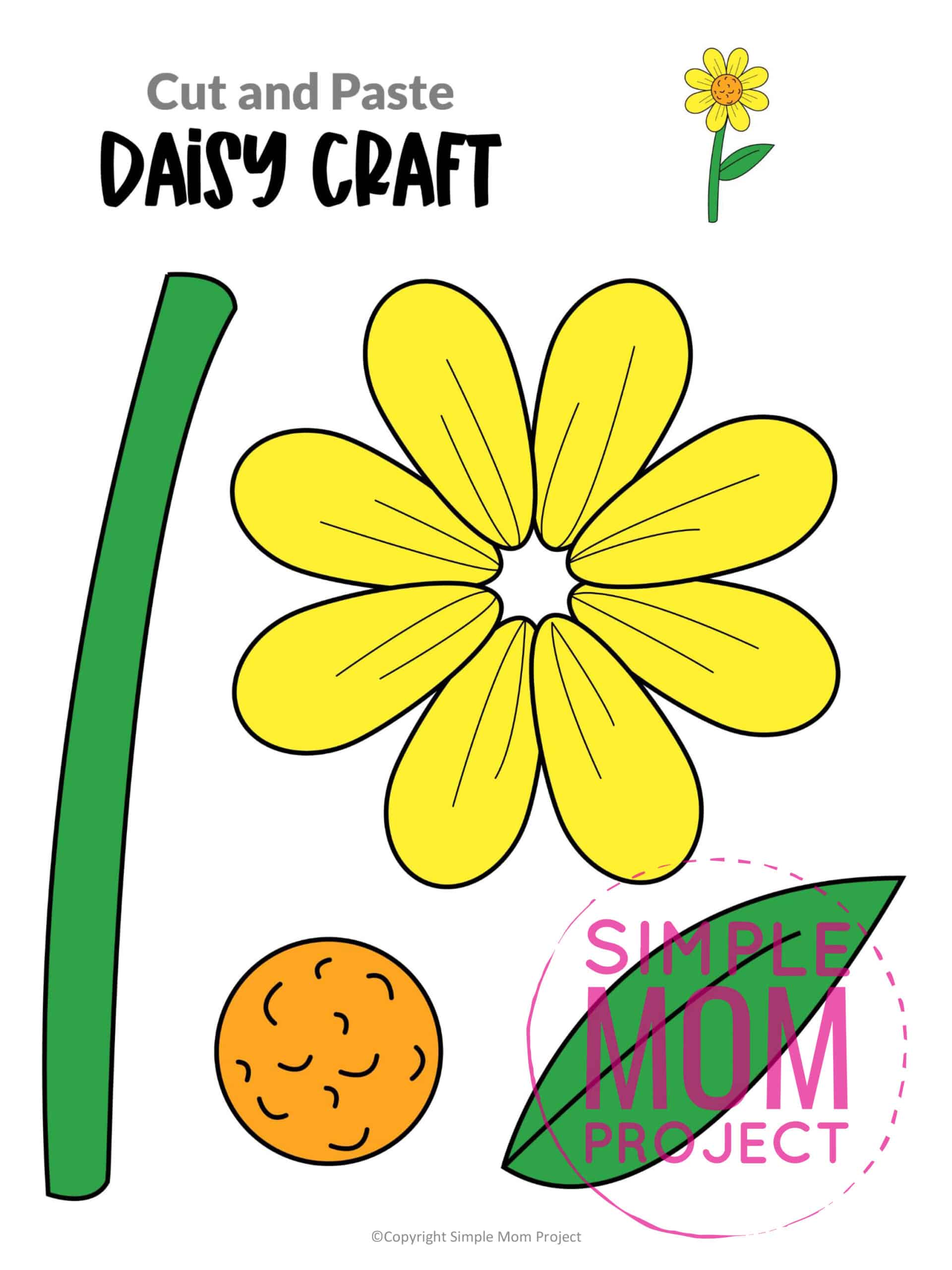 Free Printable Daisy Flower Craft template for kids, Daisy craft for toddlers and Daisy craft for kindergartners