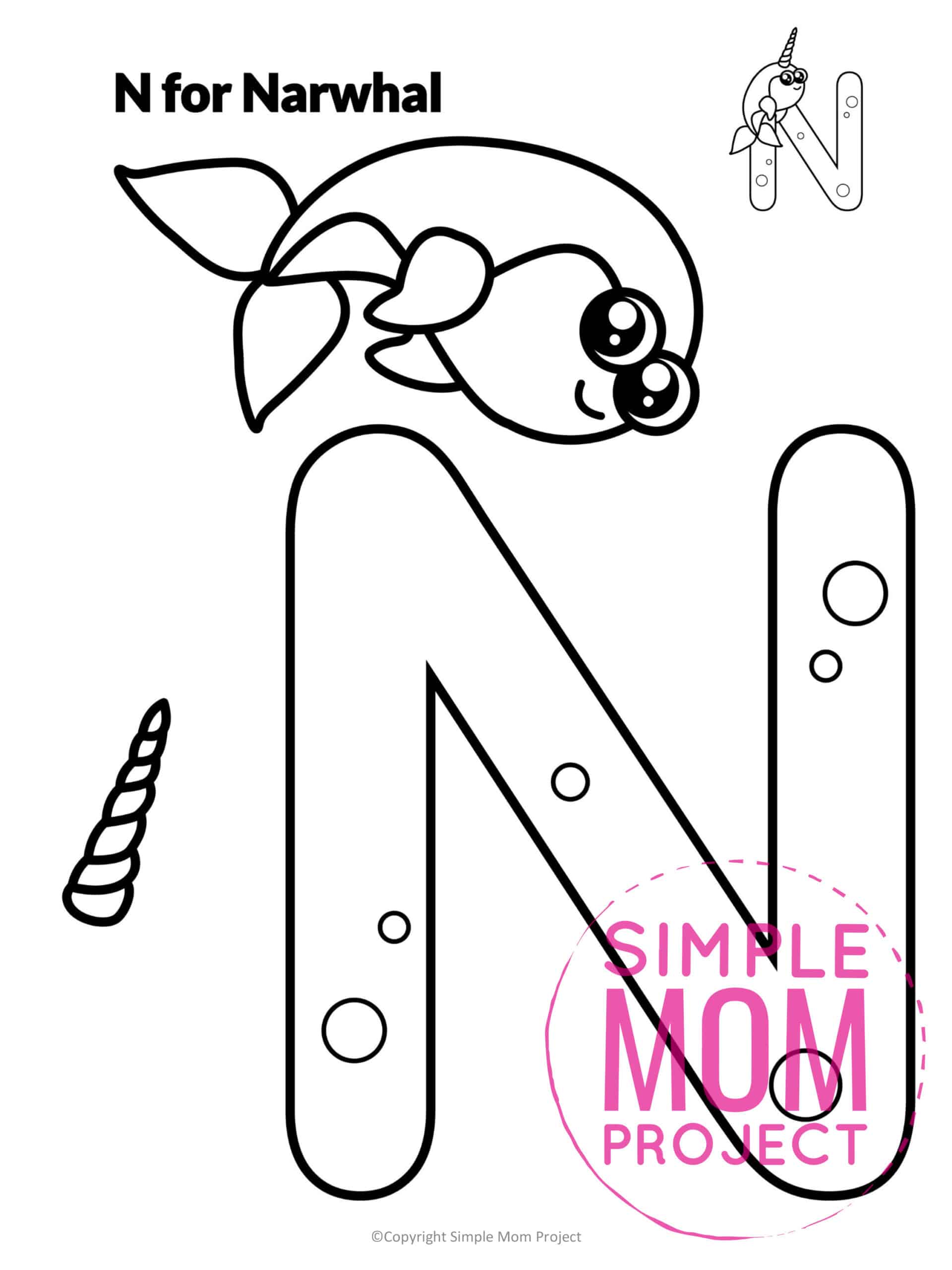 N is for Narwhal Printable Craft Narwhal Letter N Craft for Kids, preschoolers, toddlers and kindergartners