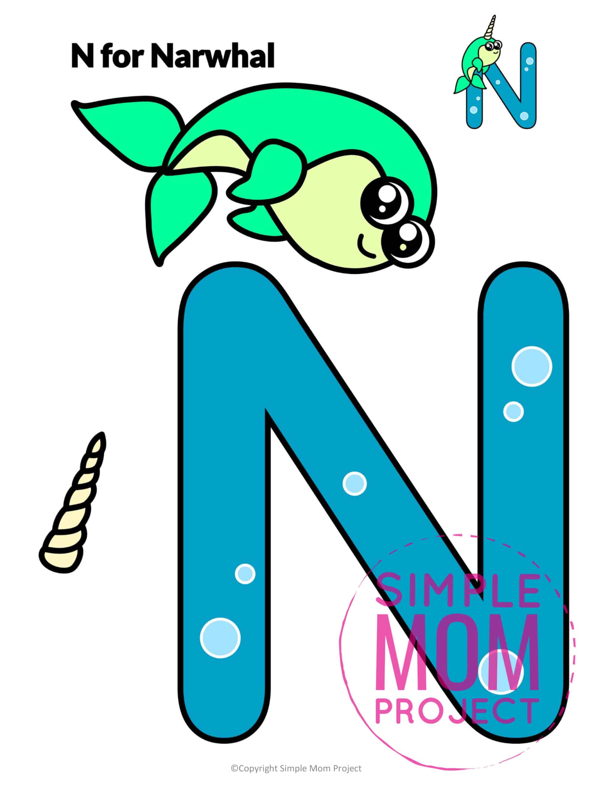 N is for Narwhal Printable Craft Narwhal Letter N Craft for Kids, preschoolers, toddlers and kindergartners