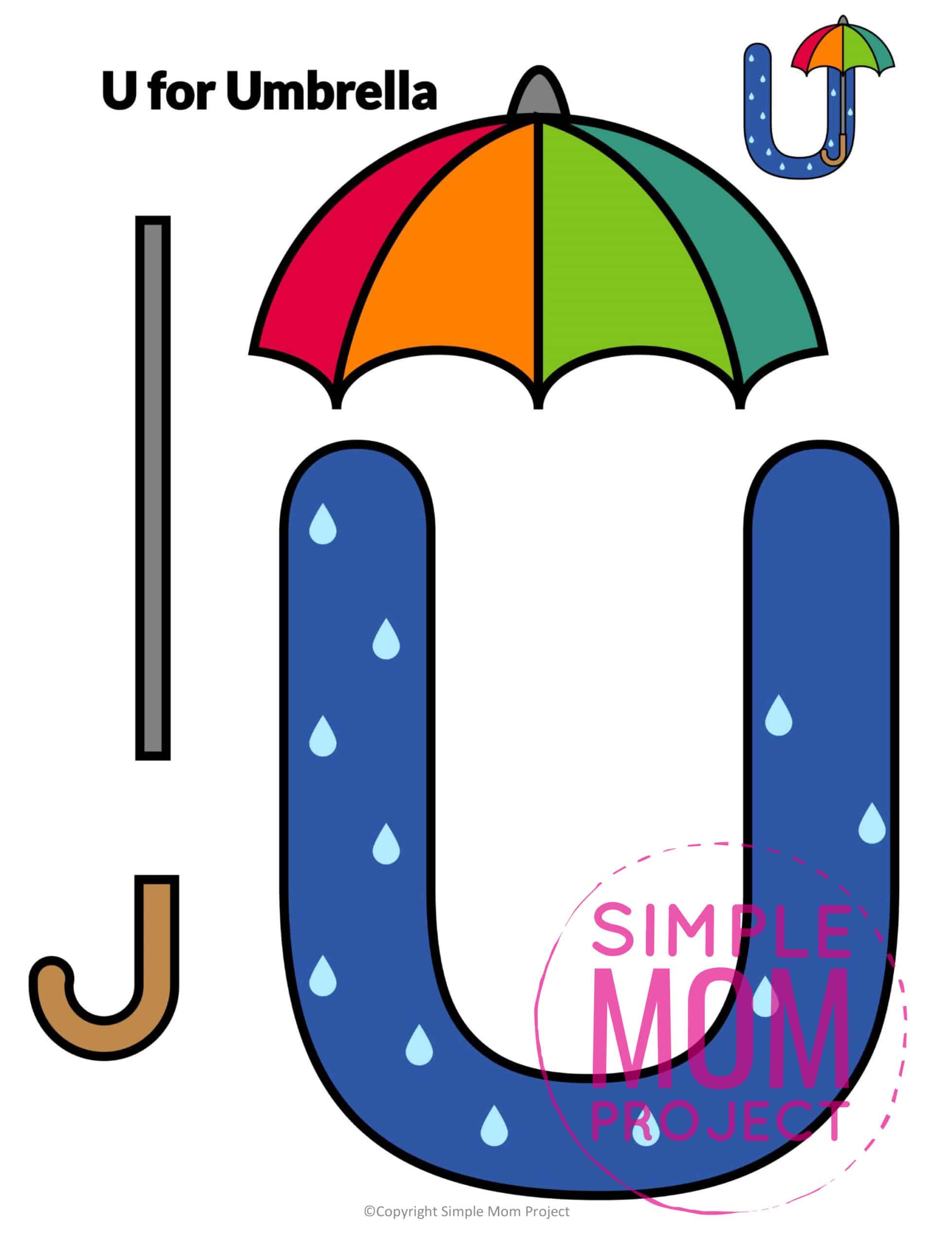U is for Umbrella Printable Craft Umbrella Letter U Craft for Kids, preschoolers, toddlers and kindergartners