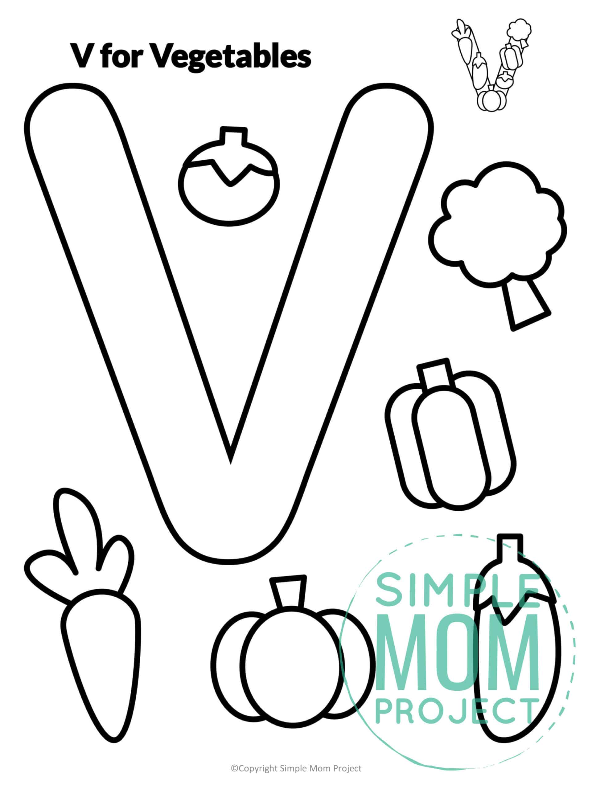 V is for Vegetables Printable Craft Vegetables Letter V Craft for Kids, preschoolers, toddlers and kindergartners