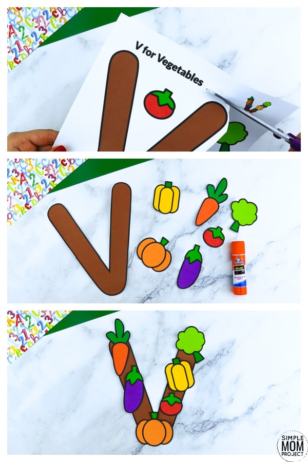 V is for Vegetables Printable Craft Vegetables Letter V Craft for Kids, preschoolers, toddlers and kindergartners