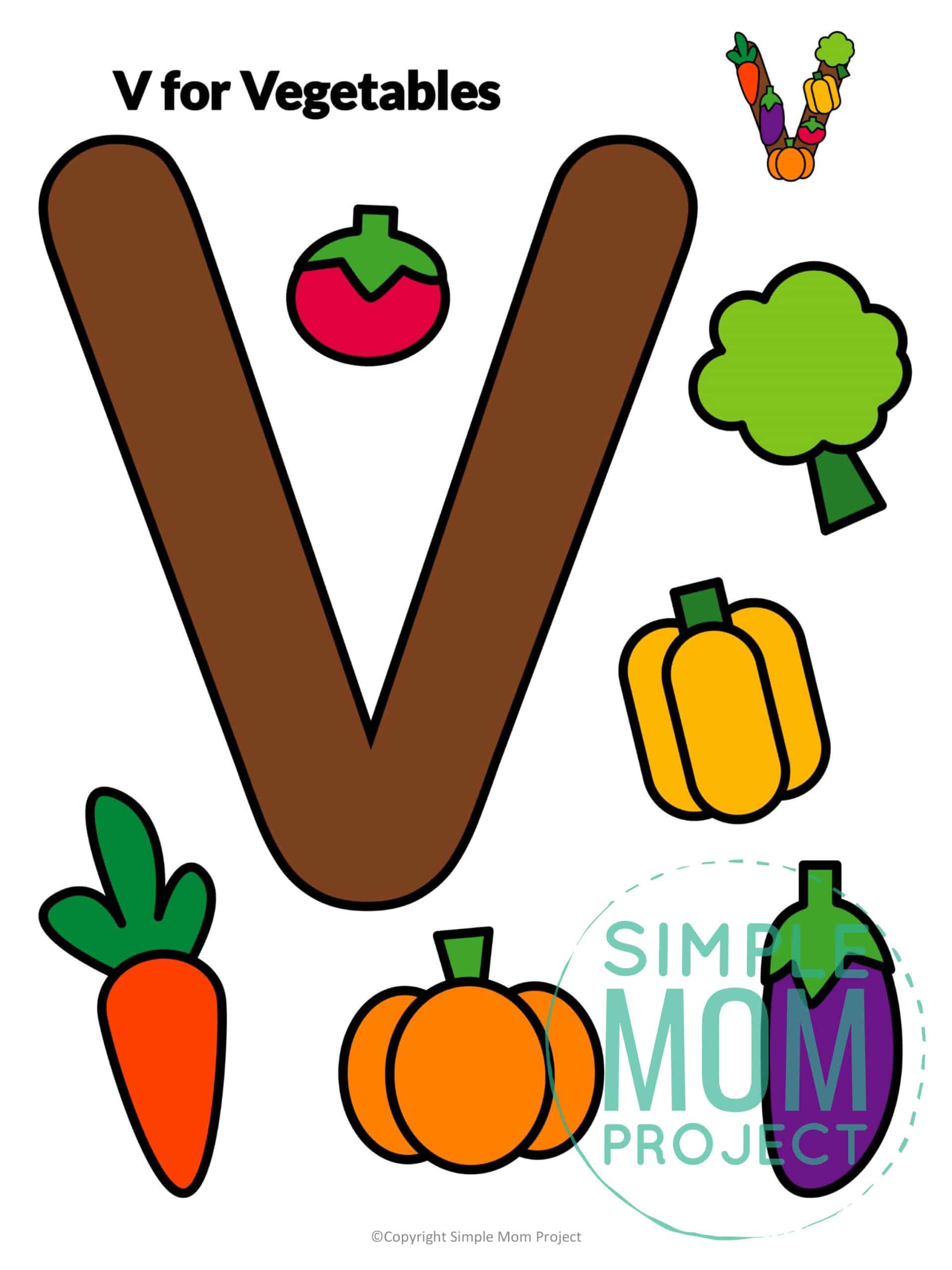 V is for Vegetables Printable Craft Vegetables Letter V Craft for Kids, preschoolers, toddlers and kindergartners