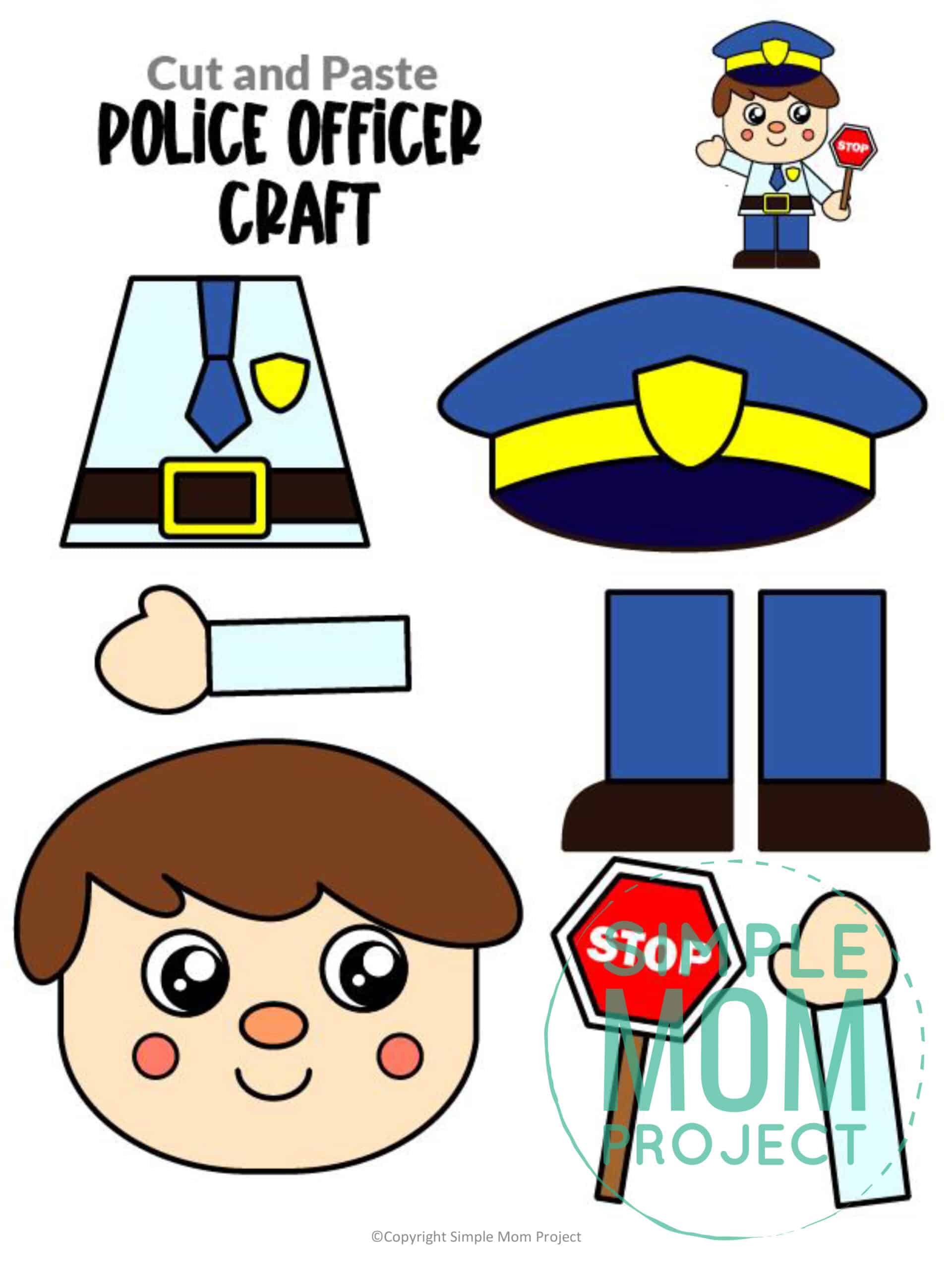 Free printable police officer craft for kids, preschoolers, toddlers and kindergartners