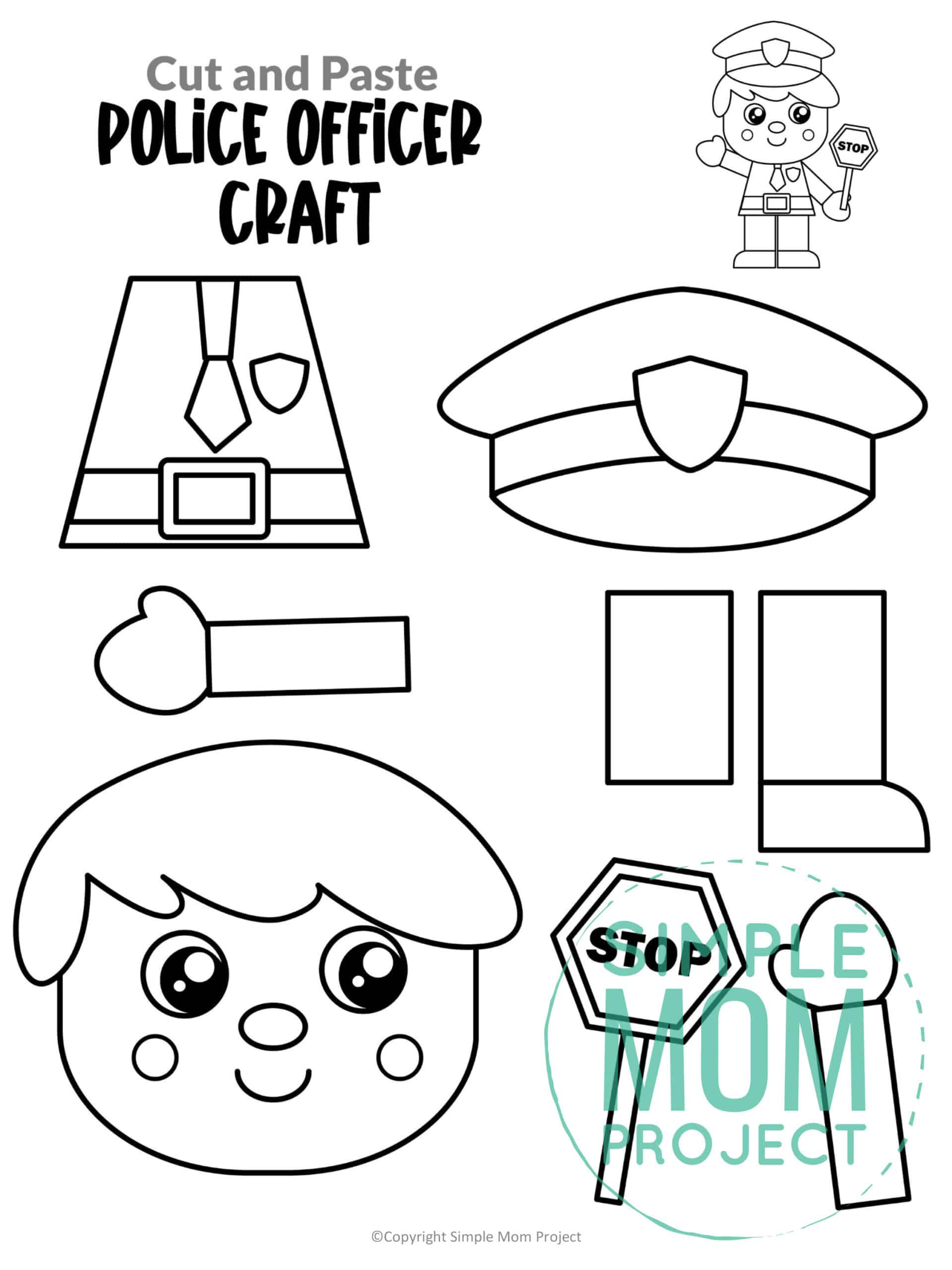 Free printable police officer craft for kids, preschoolers, toddlers and kindergartners