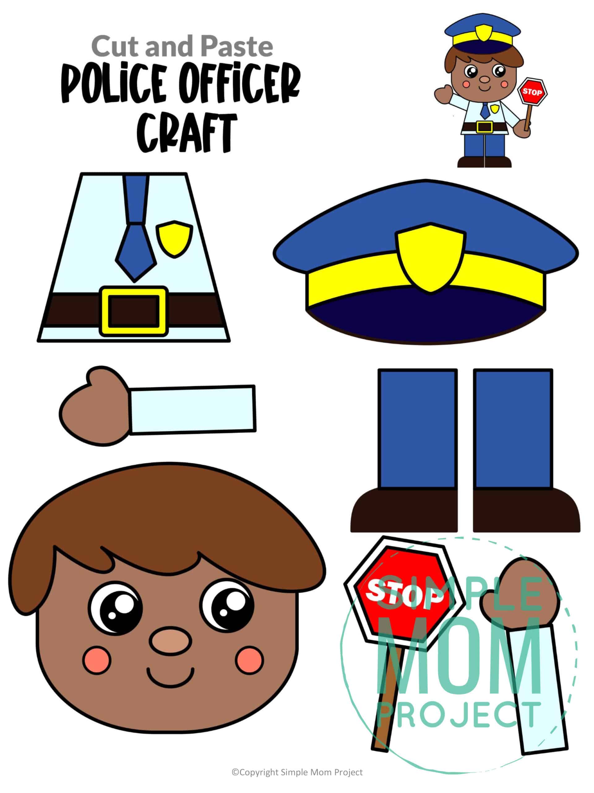 Free printable police officer craft for kids, preschoolers, toddlers and kindergartners