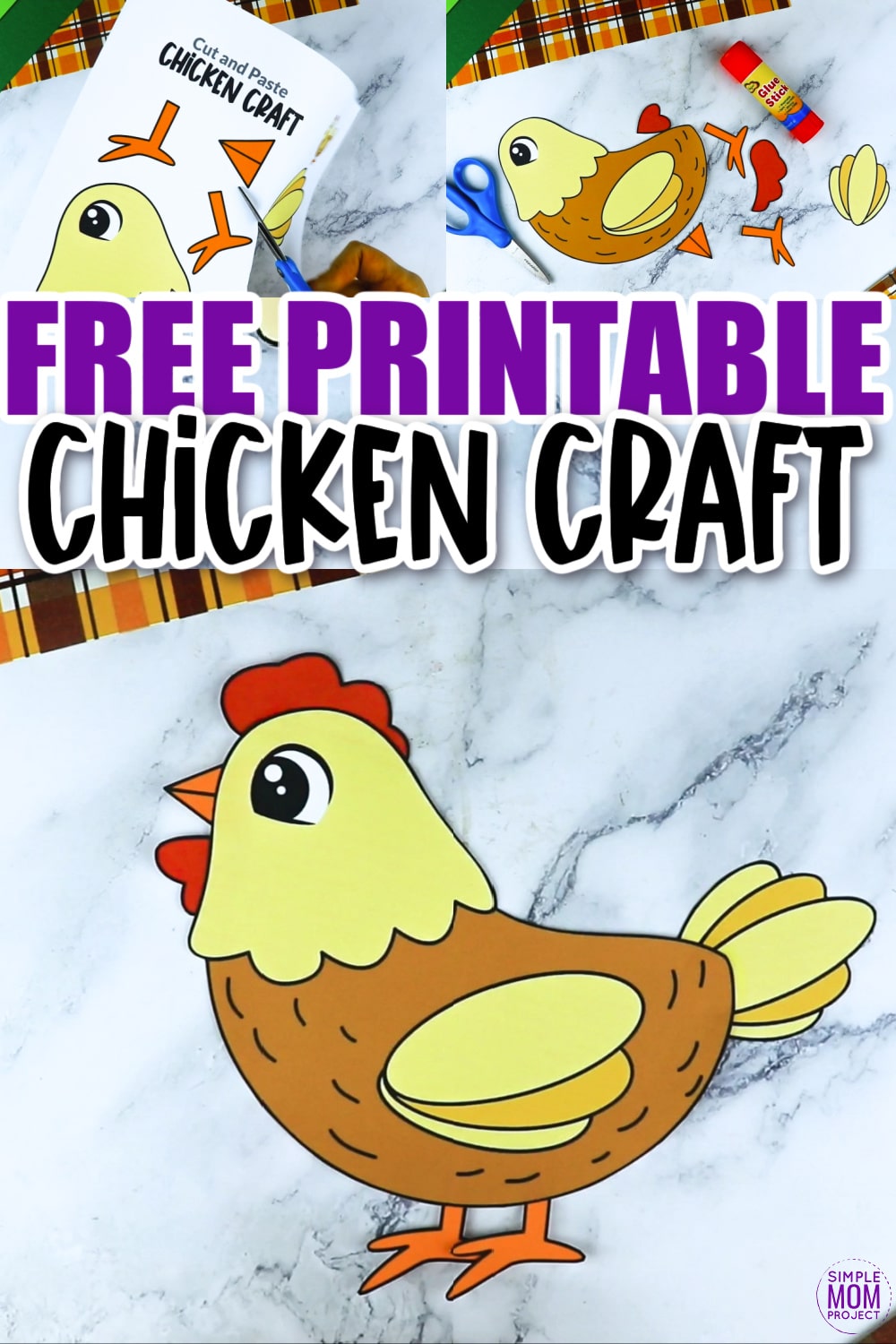 Find a simple and printable chicken craft for preschool, kindergarten and toddler age kids. This craft is so easy and the chicken template is so cute! You can glue it to a paper plate making a diy puppet or do the same with a paper cup. There’s so many easy ideas to use this free printable chicken craft this spring!