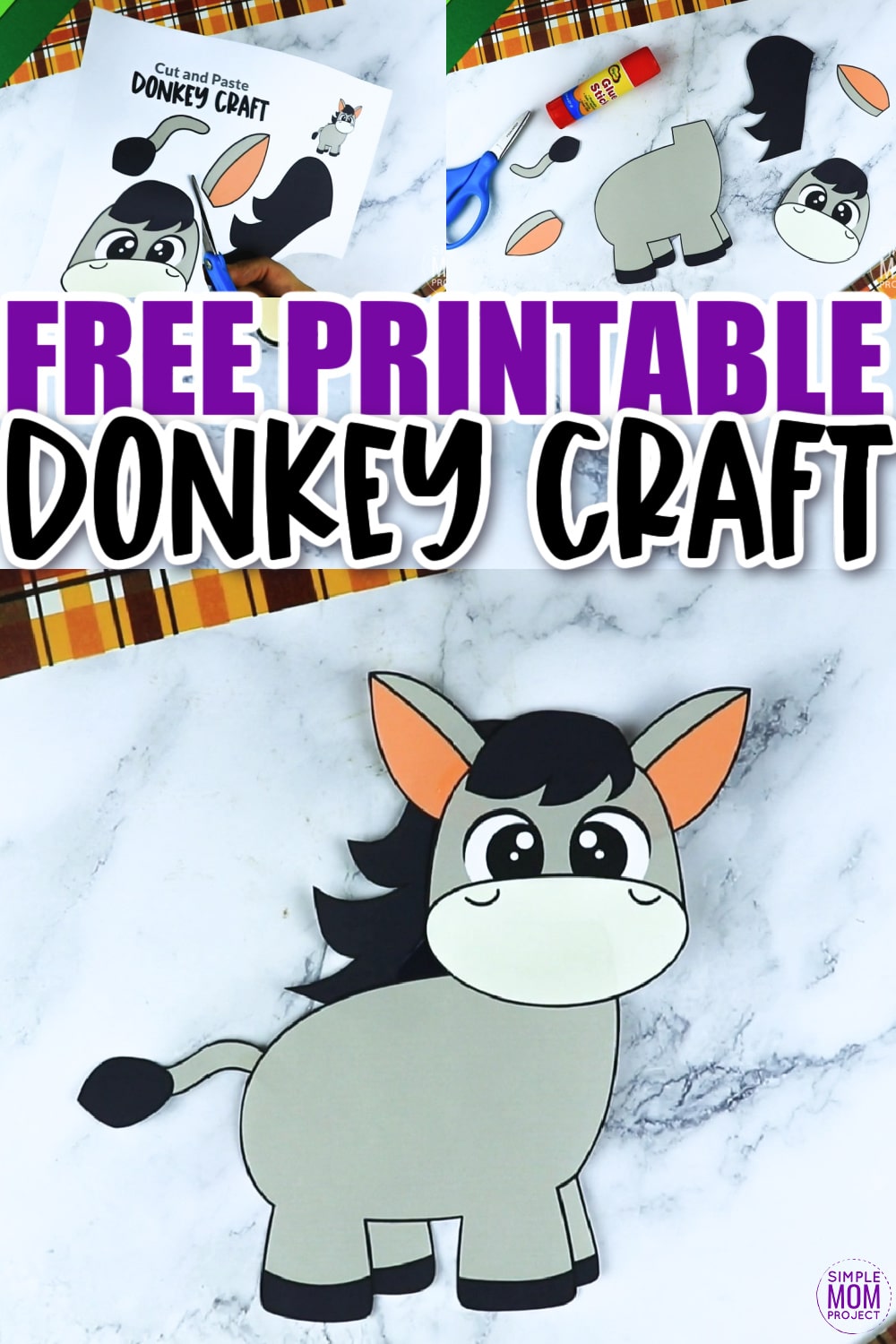Are you looking for a fun printable pattern to make a wonky donkey craft? Use our free printable donkey craft now! This adorable activity is so easy and you can even glue it to a paper bag and make a paper bag puppet! Kids of all ages including preschool, kindergarten, and toddlers will love piecing together this easy and simple donkey craft today.