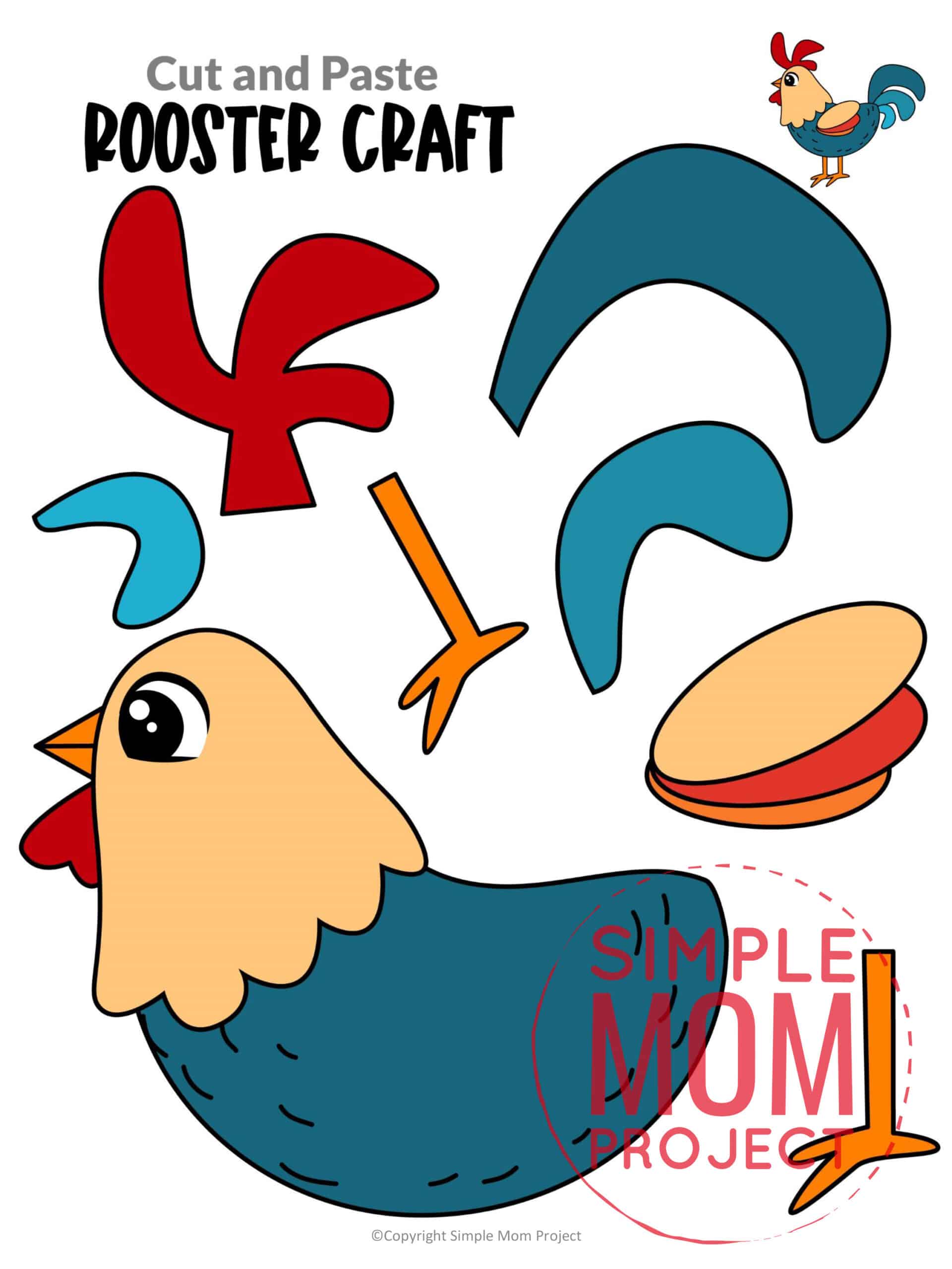 Free Printable Farm Rooster Craft for Kids Preschoolers toddlers