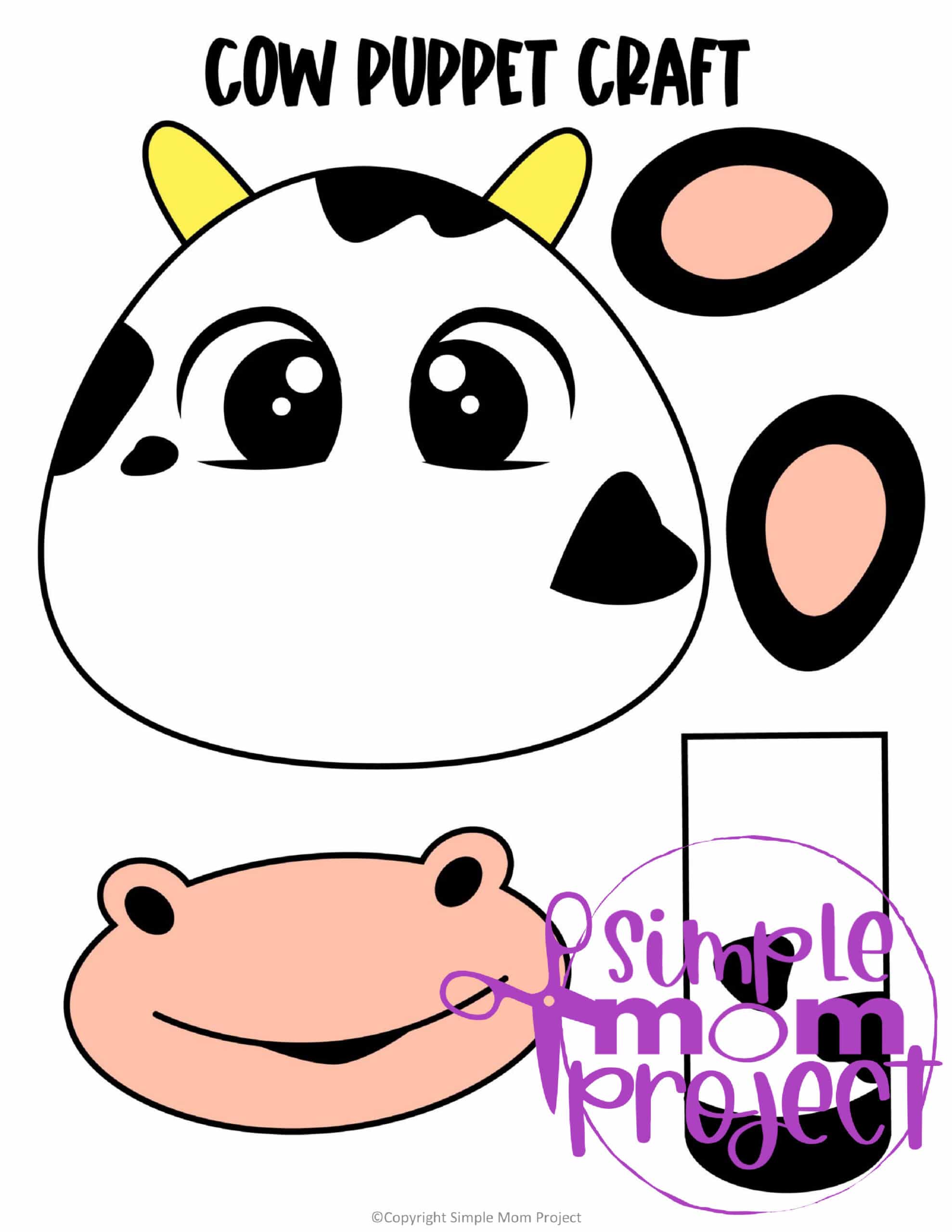 Printable Cow Paper Bag Puppet Craft for Kids Preschoolers Toddlers and Kindergartners