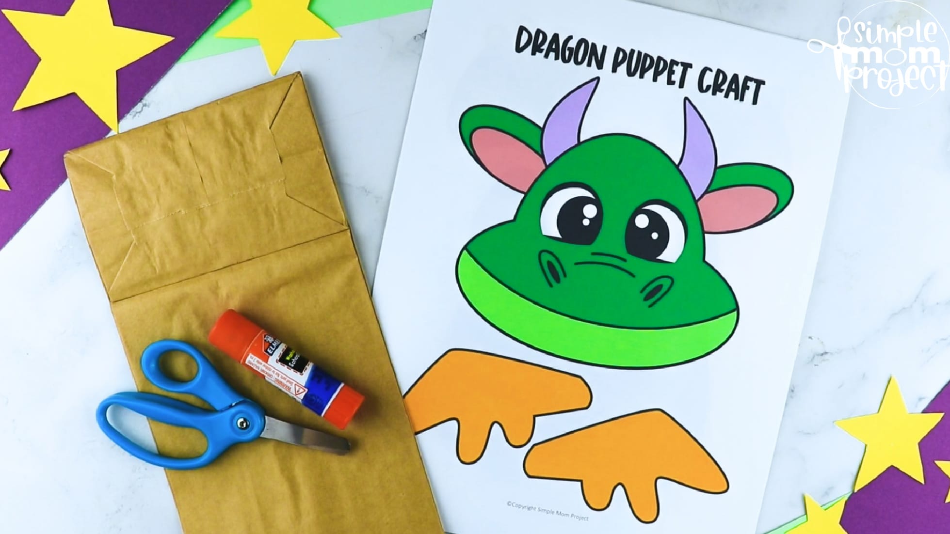 Printable Dragon Paper Bag Craft for Kids Preschoolers toddlers kindergarten 1