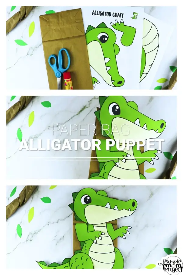 Printable Zoo Animal Alligator Paper Bag Puppet Craft for Kids, preschoolers, toddlers and kindergartners