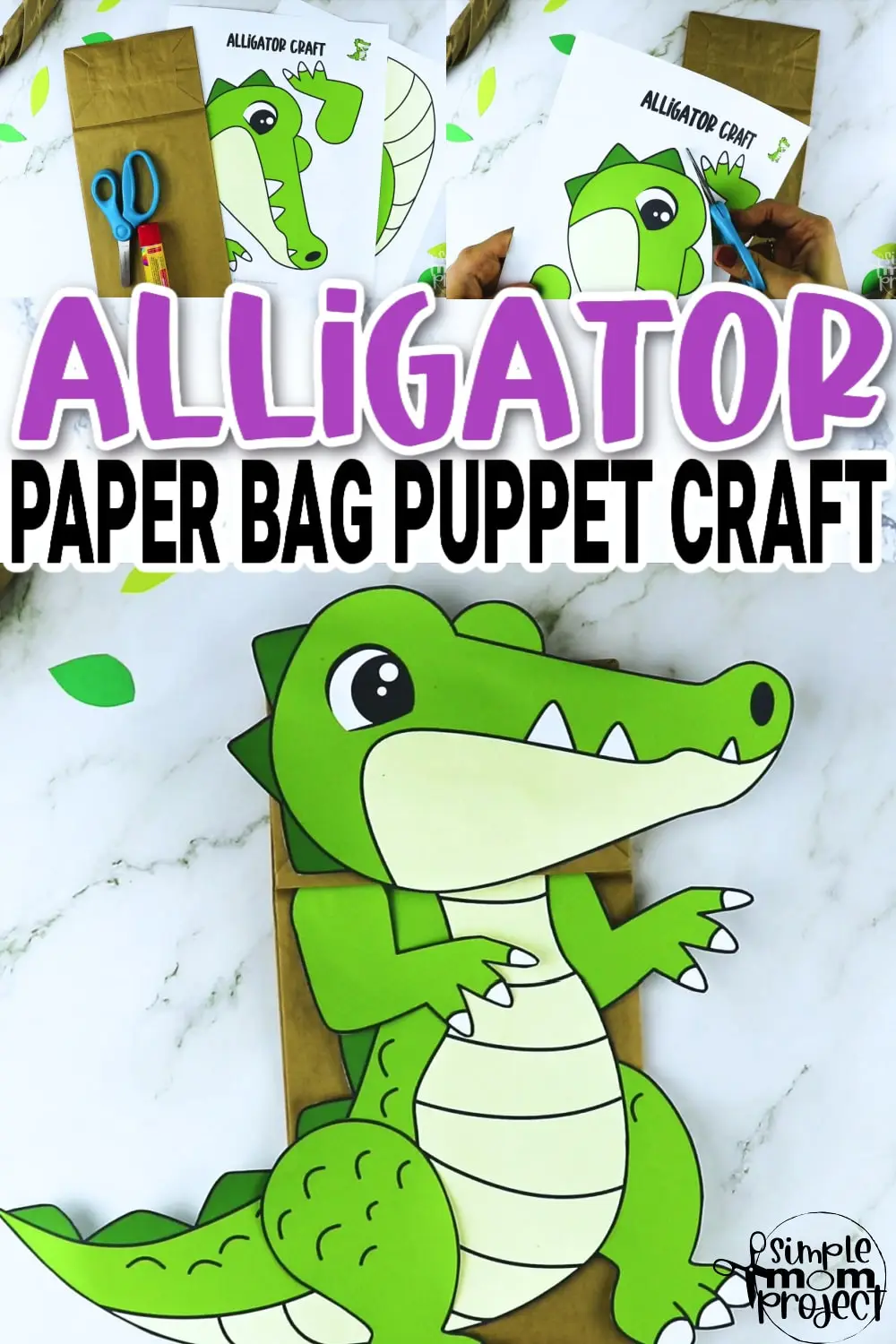 Printable Zoo Animal Alligator Paper Bag Puppet Craft for Kids, preschoolers, toddlers and kindergartners