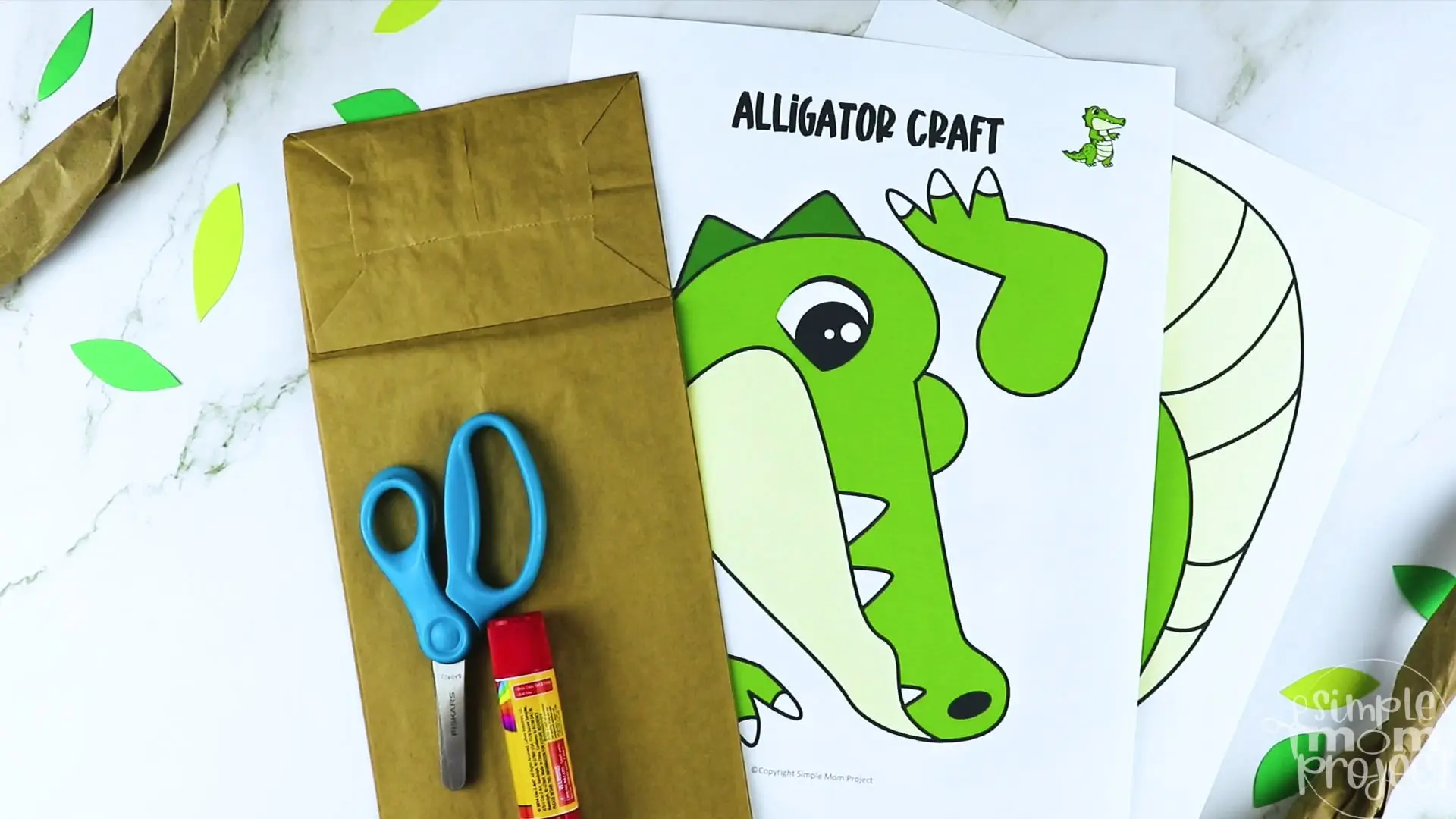 Printable Zoo Animal Alligator Paper Bag Puppet Craft for Kids, preschoolers, toddlers and kindergartners