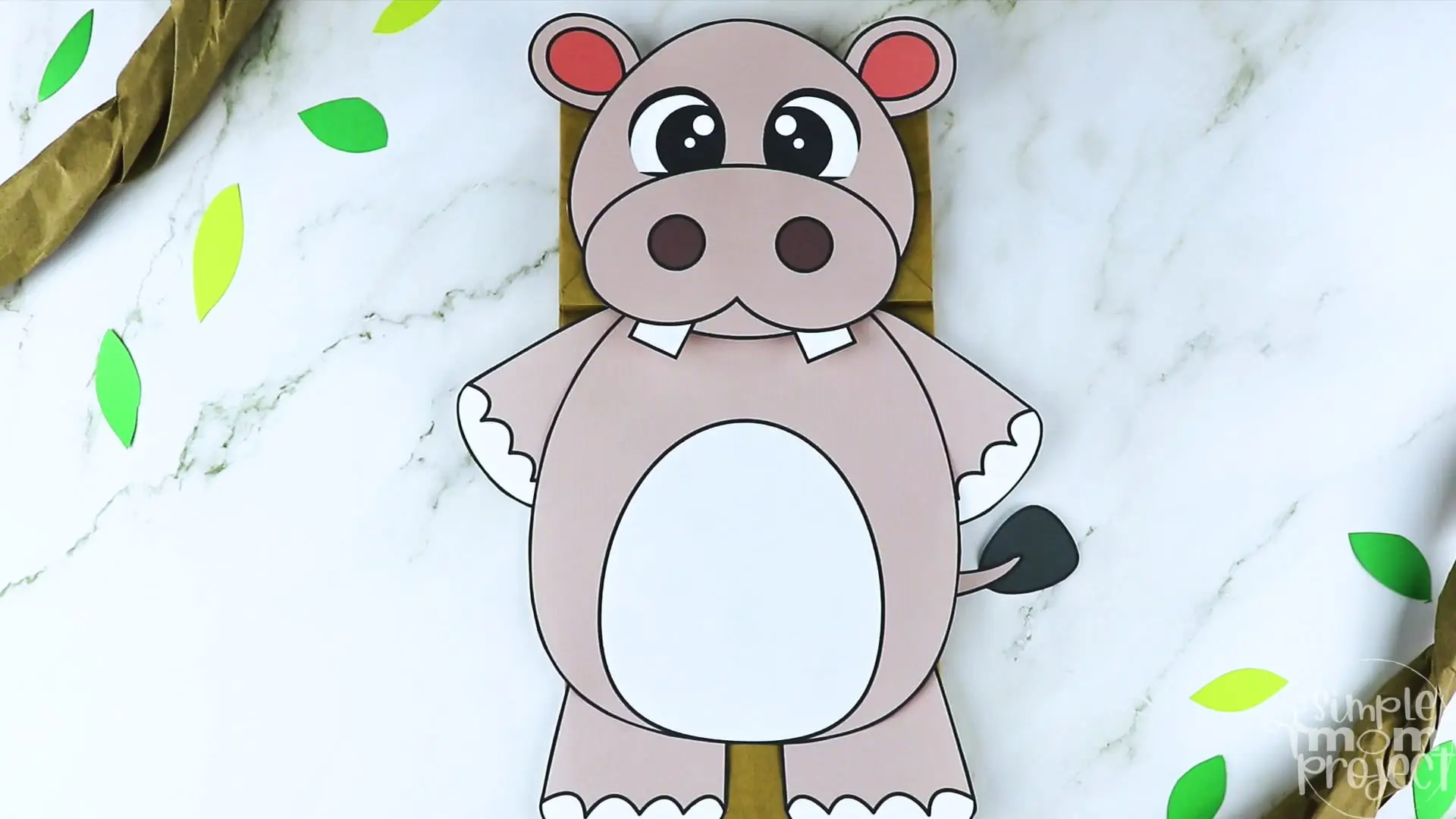 Printable Zoo Animal Hippo Paper Bag Puppet Craft for Kids, preschoolers, toddlers and kindergartners