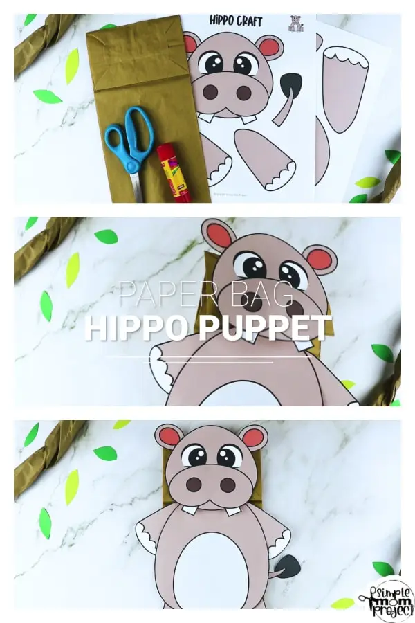 Printable Zoo Animal Hippo Paper Bag Puppet Craft for Kids, preschoolers, toddlers and kindergartners