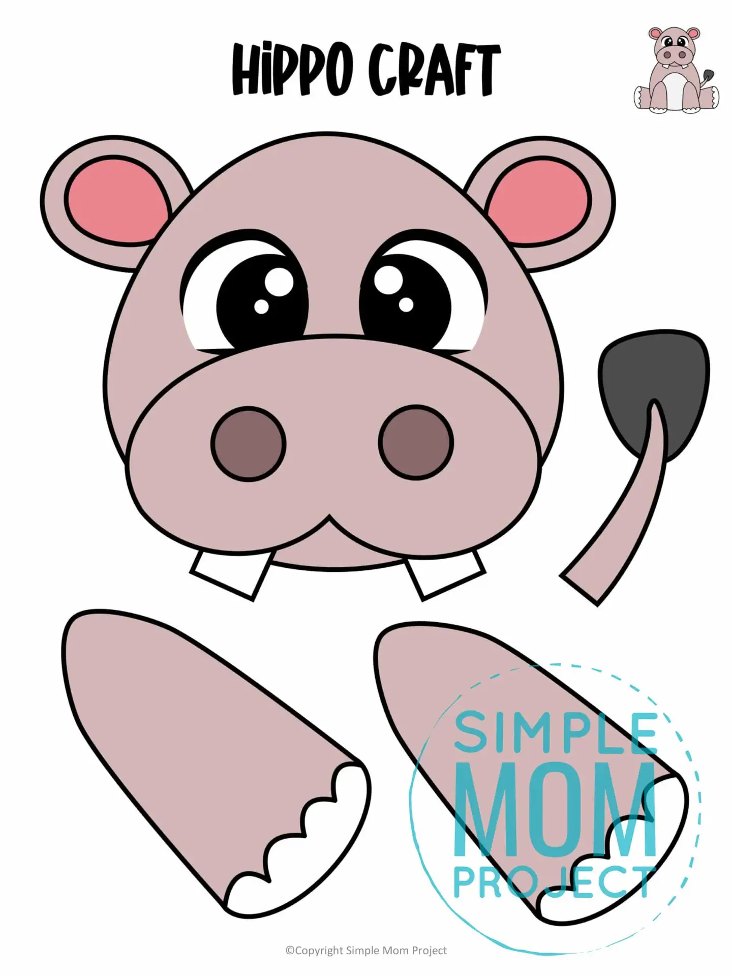 Printable Zoo Animal Hippo Paper Bag Puppet Craft for Kids, preschoolers, toddlers and kindergartners