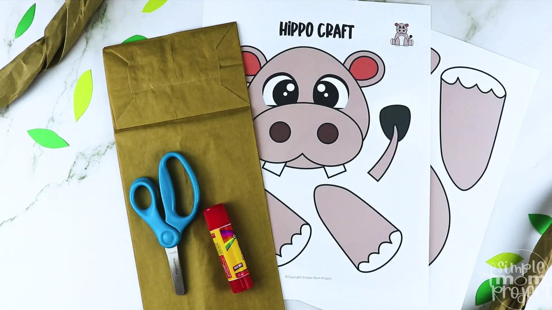 Printable Zoo Animal Hippo Paper Bag Puppet Craft for Kids, preschoolers, toddlers and kindergartners