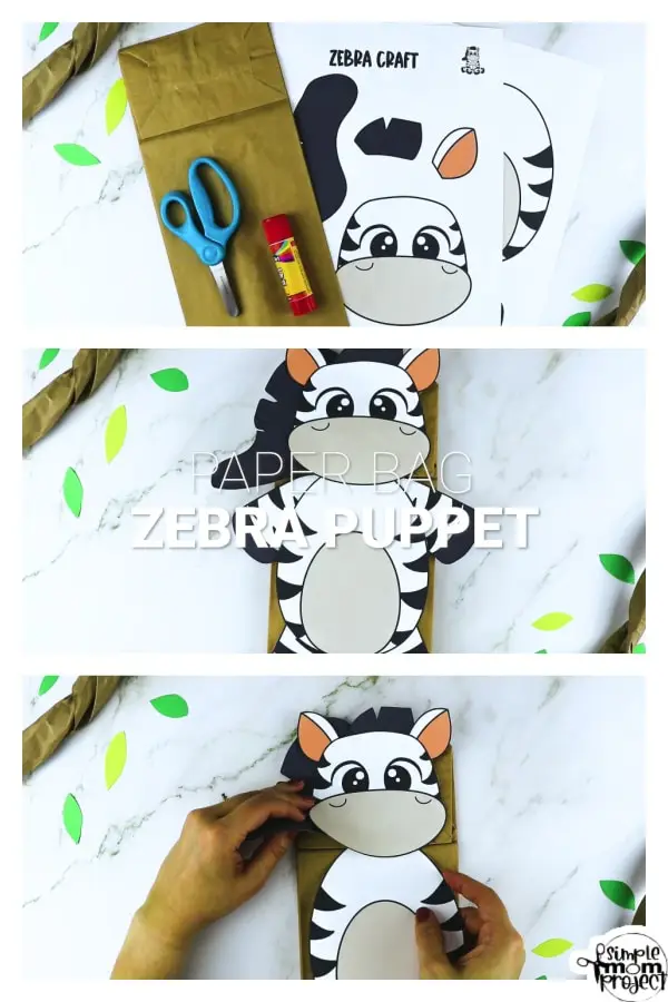 Printable Zoo Animal Zebra Paper Bag Puppet Craft for Kids, preschoolers, toddlers and kindergartners