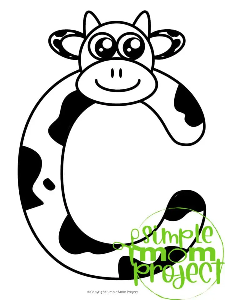 Printable Letter C is for Cow Coloring Page Letter C template for preschool, toddlers, kindergarten kids