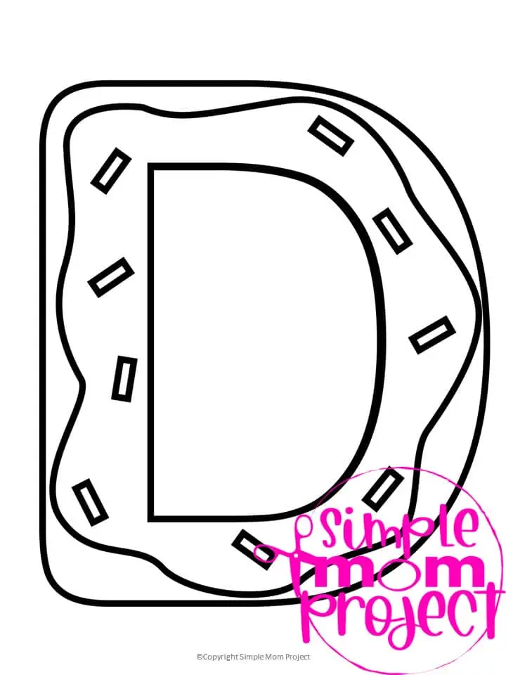 Printable Letter D is for Donut Coloring Page Letter D template for preschool, toddlers, kindergarten kids 1