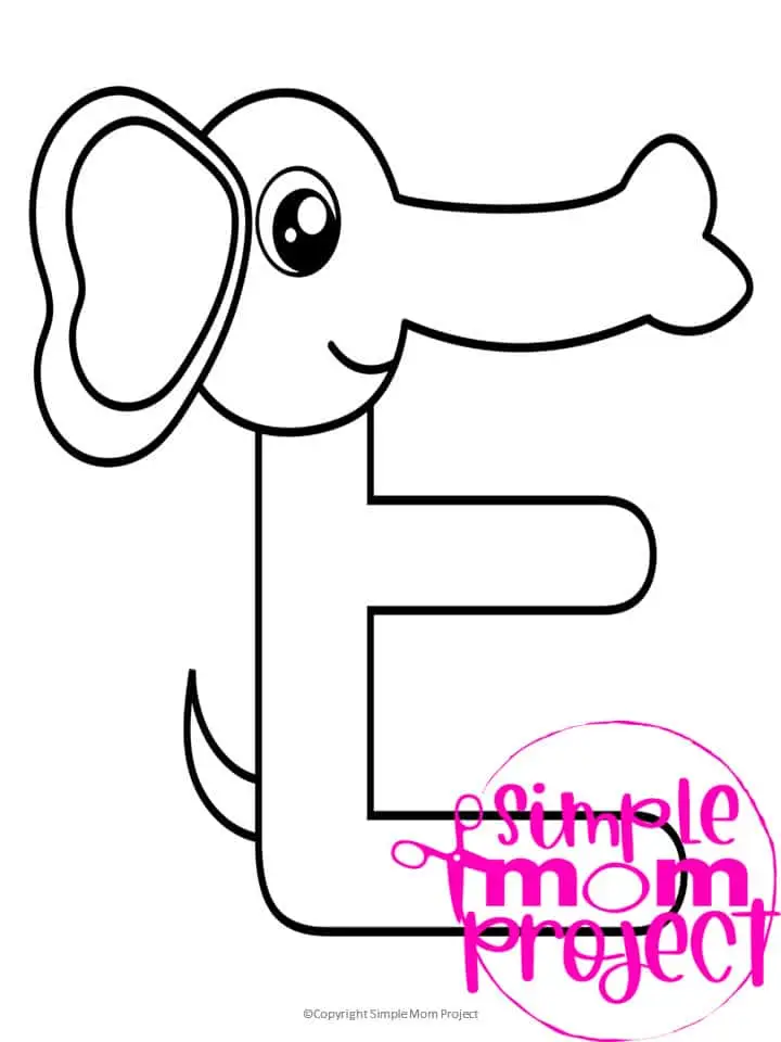 Printable Letter E is for Elephant Coloring Page Letter E template for preschool, toddlers, kindergarten kids 1