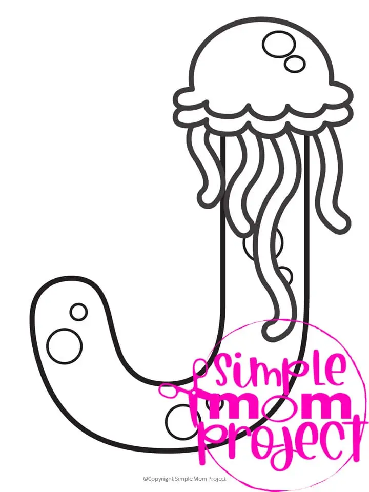 Printable Letter J is for Jellyfish Coloring Page Letter J template for preschool, toddlers, kindergarten kids 1