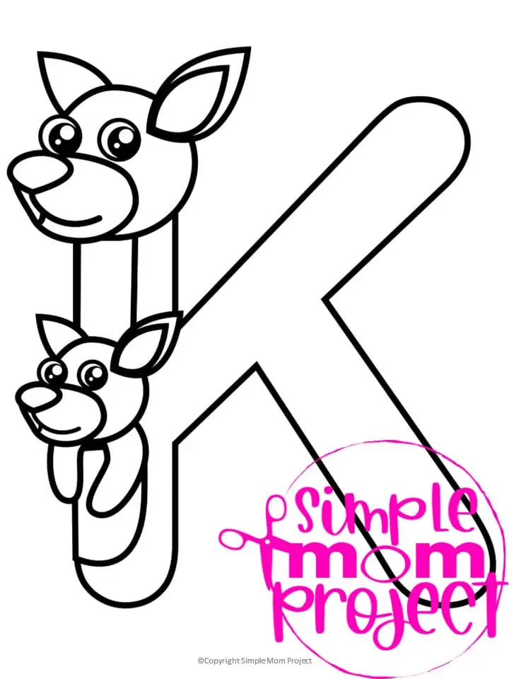 Printable Letter K is for Kangaroo Coloring Page Letter K template for preschool, toddlers, kindergarten kids 1
