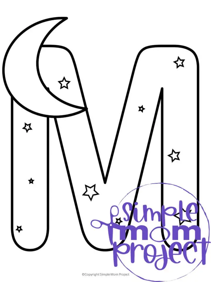 Printable Letter M is for Moon Coloring Page Letter M template for preschool, toddlers, kindergarten kids 1