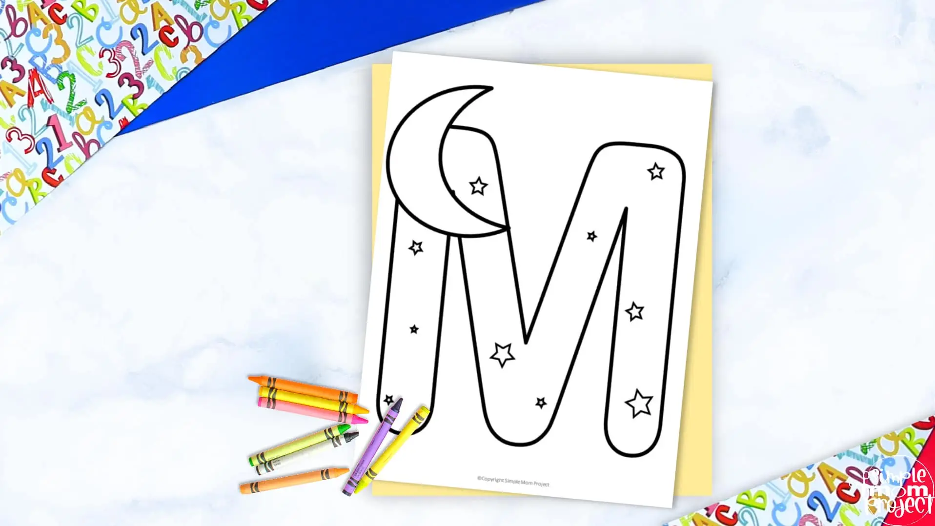 Printable Letter M is for Moon Coloring Page Letter M template for preschool, toddlers, kindergarten kids 1