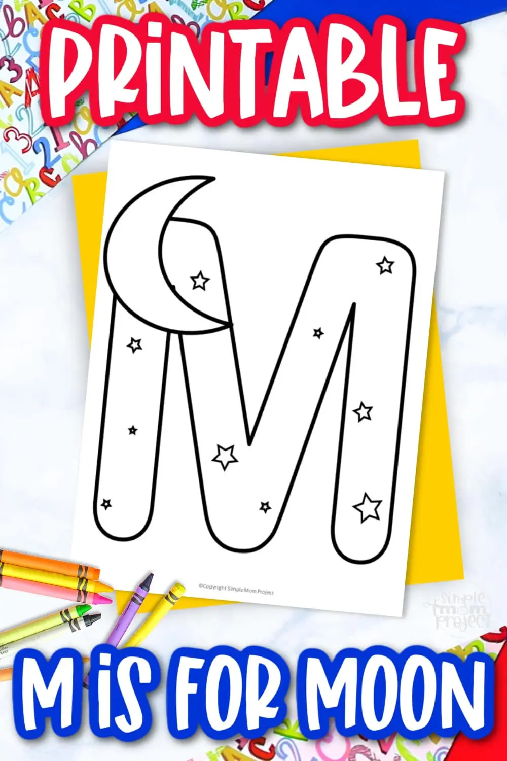 Printable Letter M is for Moon Coloring Page Letter M template for preschool, toddlers, kindergarten kids 1