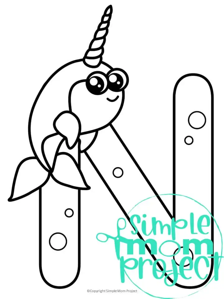 Printable Letter N is for Narwhal Coloring Page Letter N template for preschool, toddlers, kindergarten kids 1