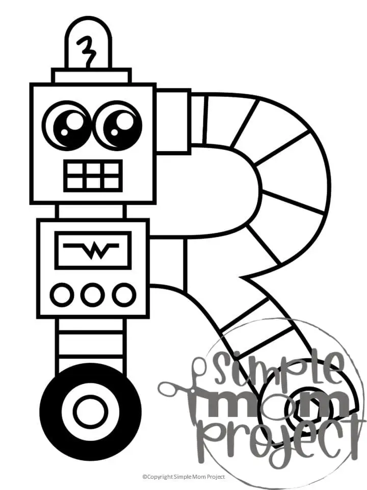 Printable Letter R is for Robot Coloring Page Letter R template for preschool, toddlers, kindergarten kids 1