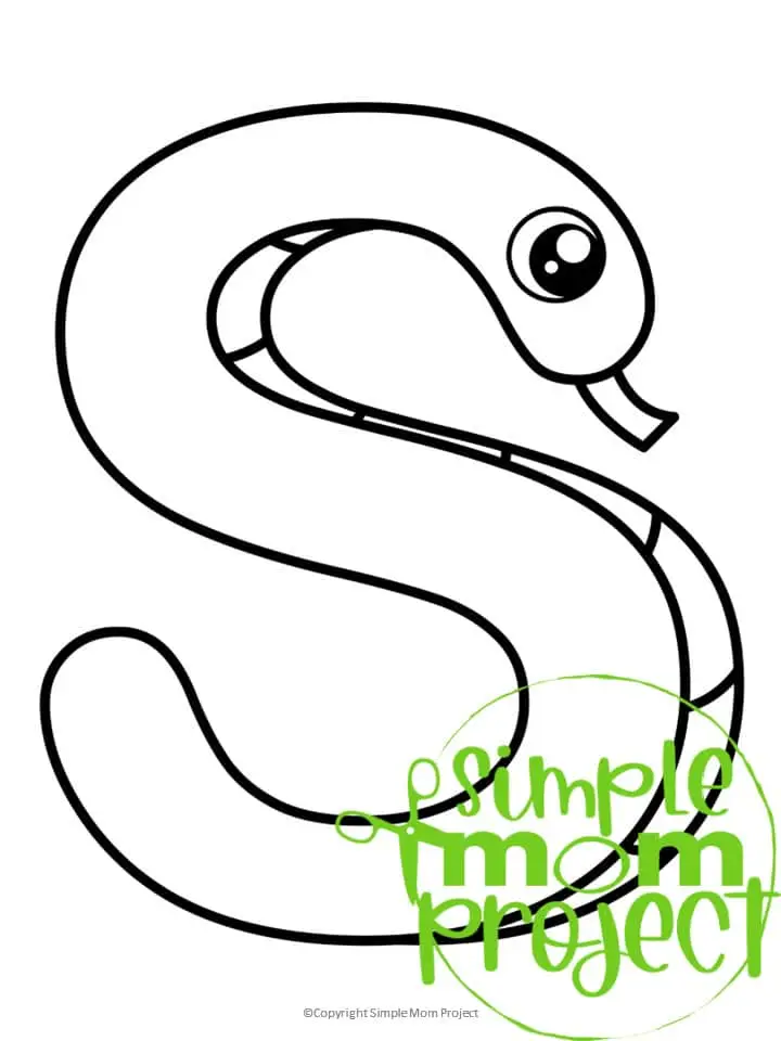 Printable Letter S is for Snake Coloring Page Letter S template for preschool, toddlers, kindergarten kids 1