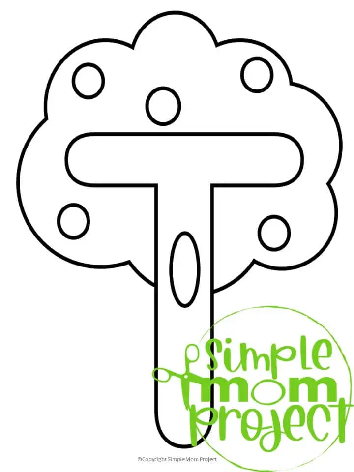 Printable Letter T is for Tree Coloring Page Letter T template for preschool, toddlers, kindergarten kids 1