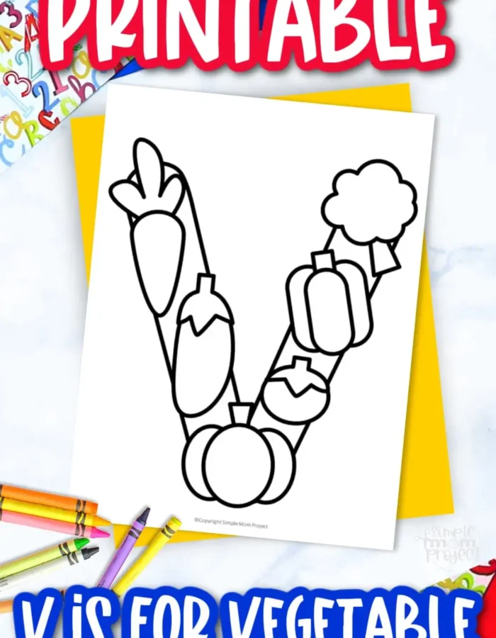 Are you looking for a fun and creative way to teach the alphabet letter V? Include this free printable letter V for vegetable coloring page in your crafts and learning activities. This printable coloring alphabet V worksheet is great to use for visual aid or flash cards. Lists down other words that begin with the letter V like vase, violin, van as you make this preschool printable letter V coloring page. Click now to print your copy!
