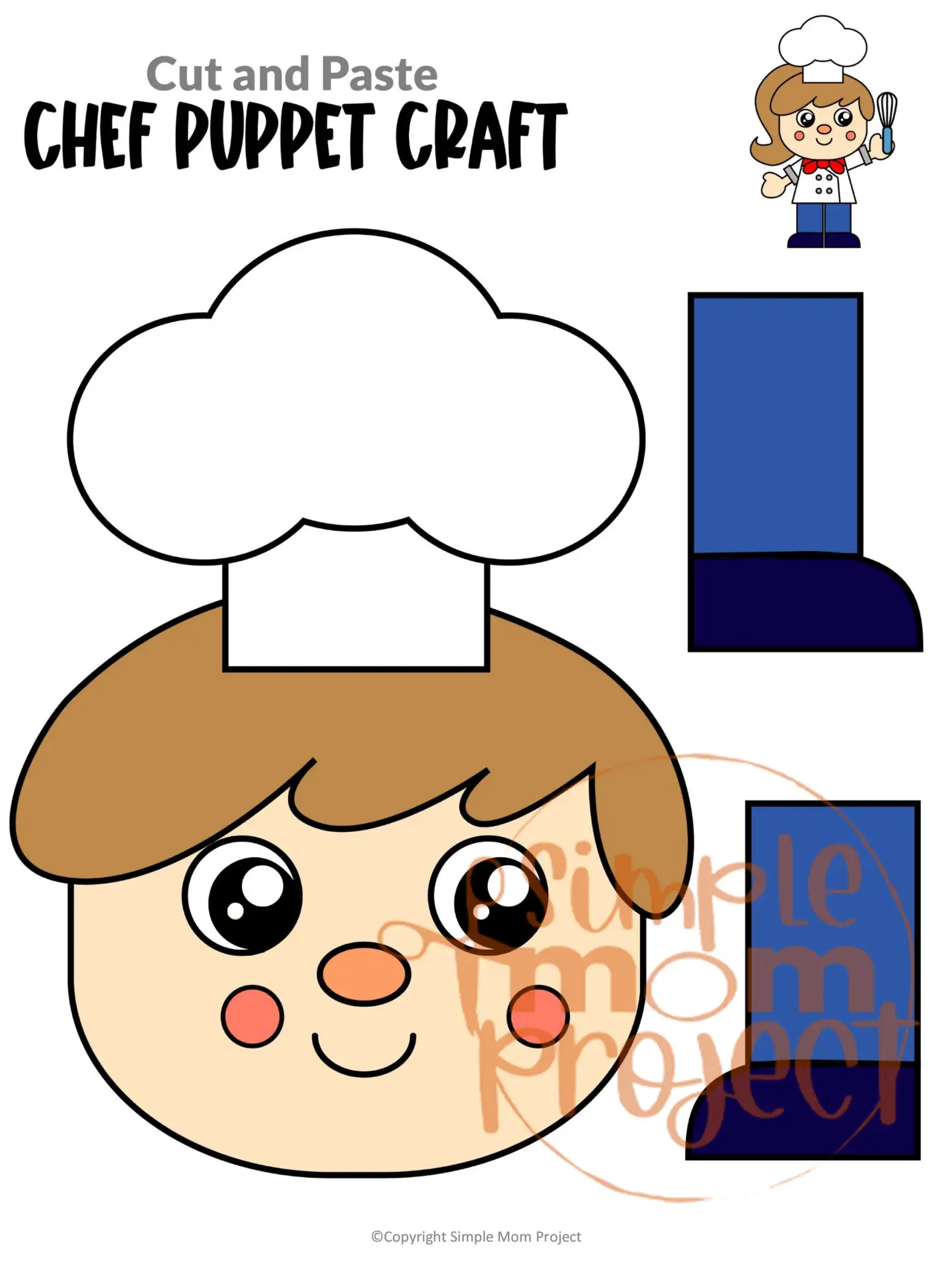 Printable Chef Paper Bag Puppet Community Helper Craft for Kids Preschooler Toddler