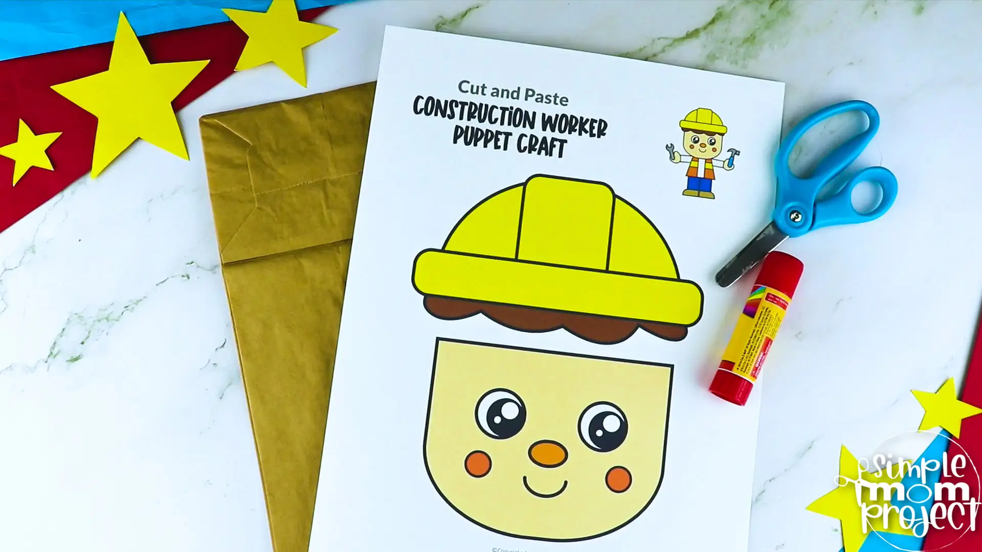 Printable Construction Worker Paper Bag Puppet Community Helper Craft for Kids Preschooler Toddler