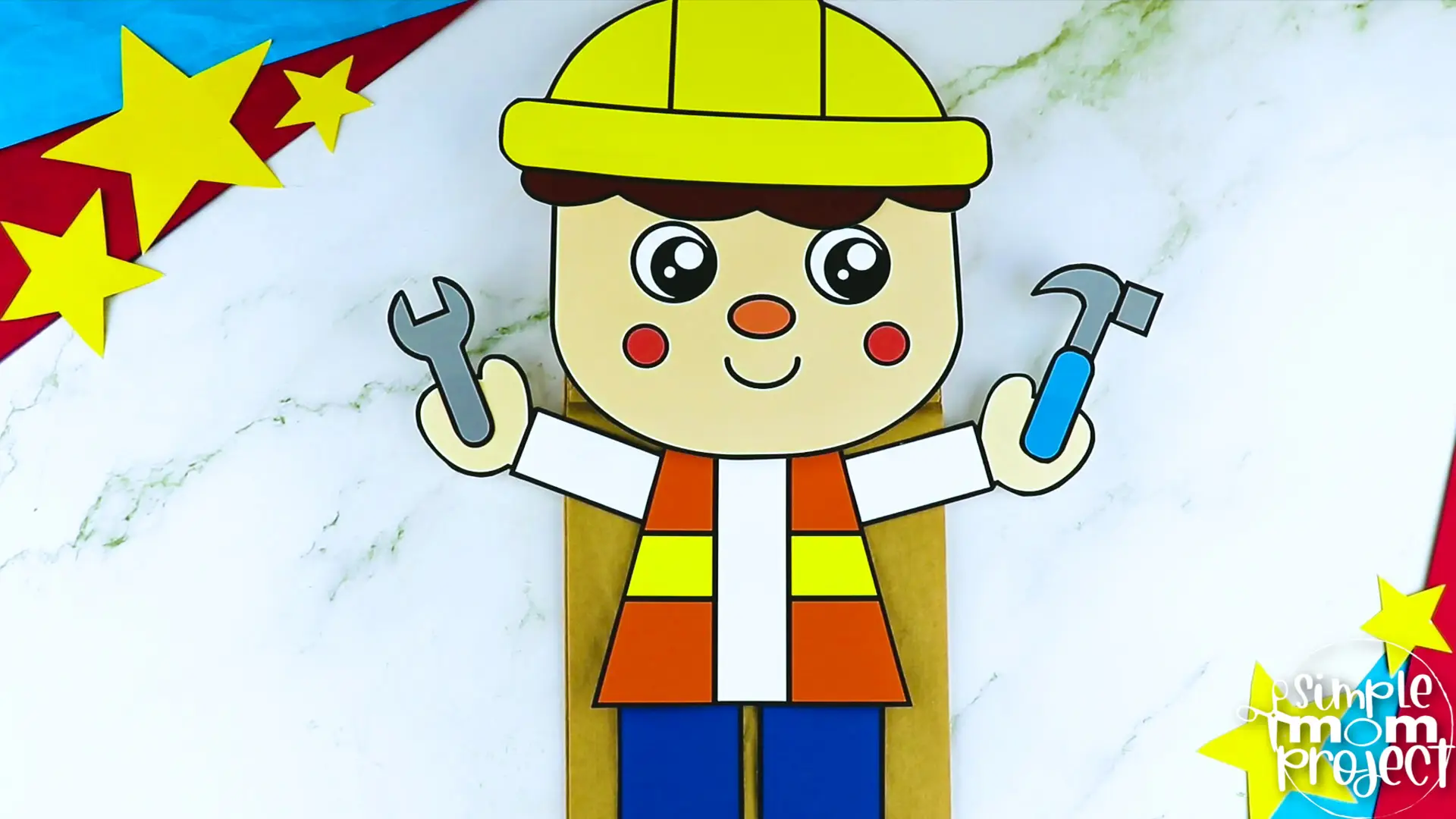 Printable Construction Worker Paper Bag Puppet Community Helper Craft for Kids Preschooler Toddler