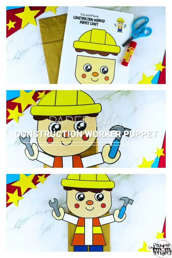 Printable Construction Worker Paper Bag Puppet Community Helper Craft for Kids Preschooler Toddler