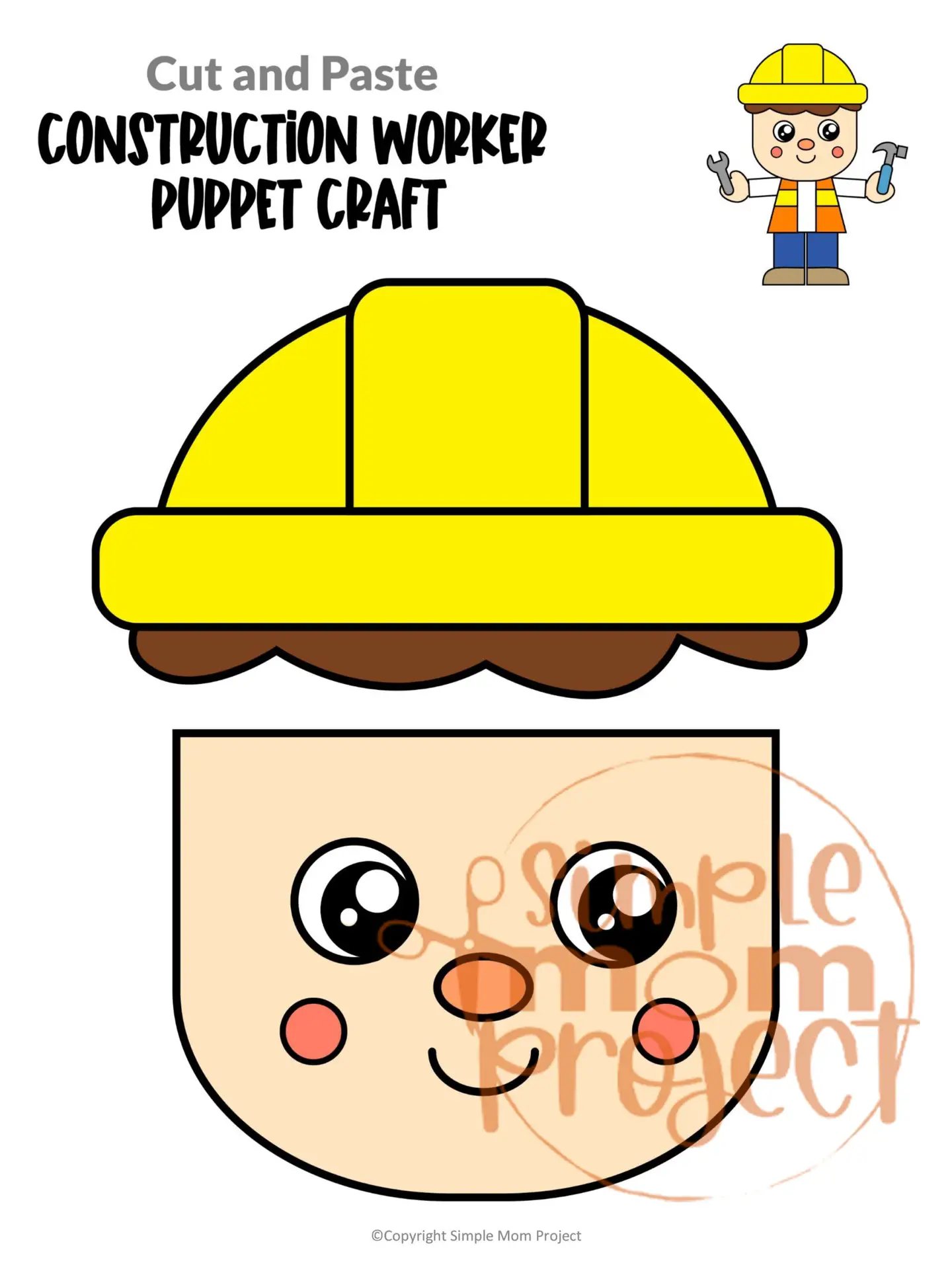 Printable Construction Worker Paper Bag Puppet Community Helper Craft for Kids Preschooler Toddler