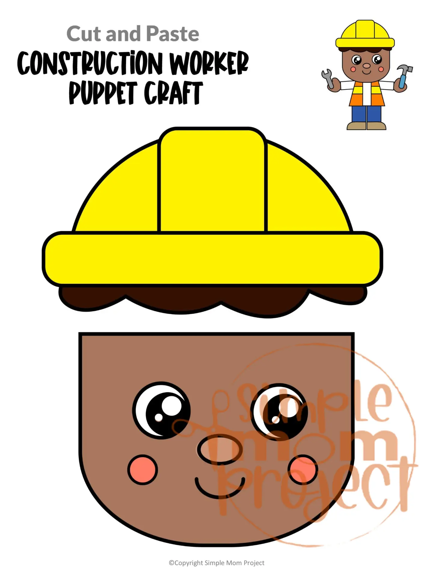 Printable Construction Worker Paper Bag Puppet Community Helper Craft for Kids Preschooler Toddler