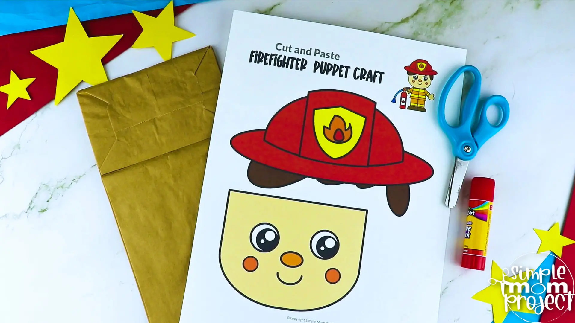 Printable Firefighter Paper Bag Puppet Community Helper Craft for Kids Preschooler Toddler