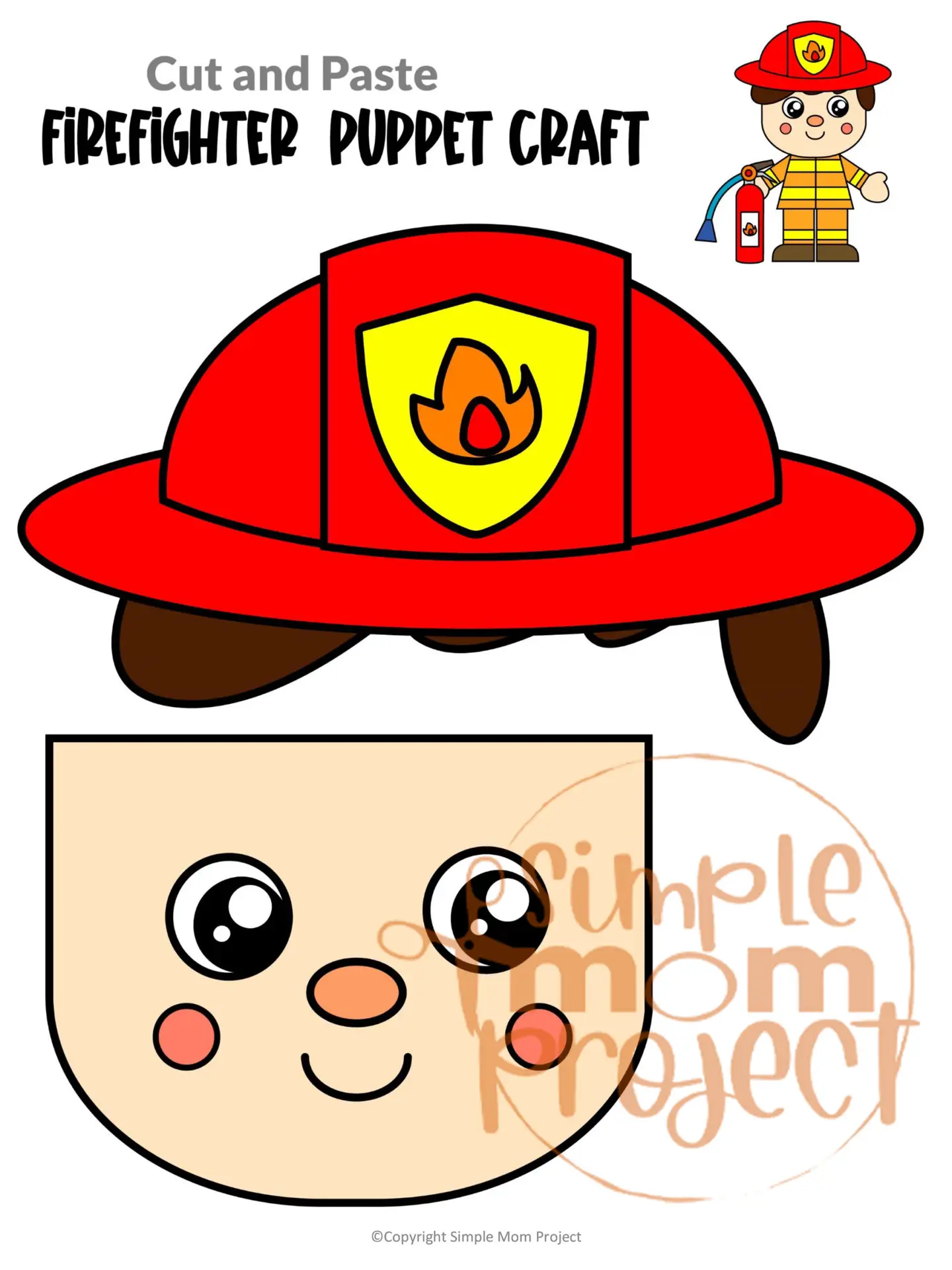 Printable Firefighter Paper Bag Puppet Community Helper Craft for Kids Preschooler Toddler