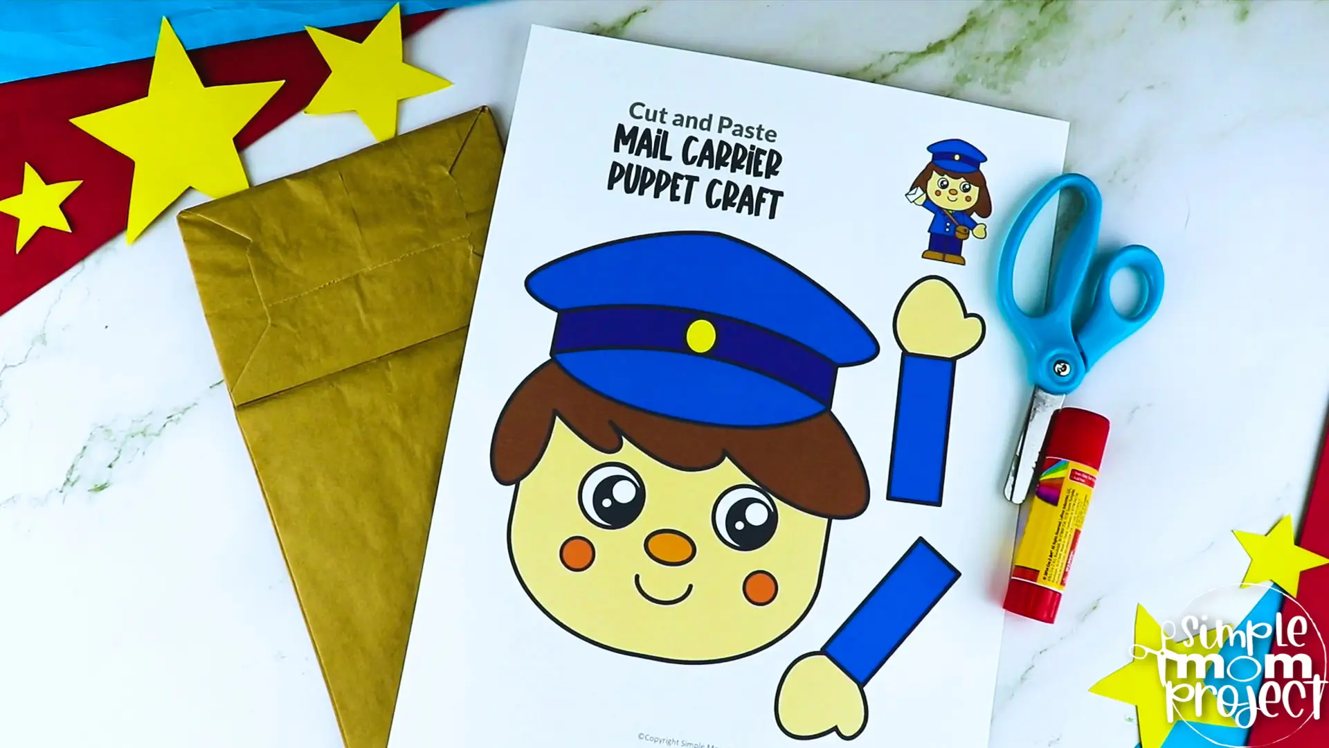 Printable Mail Carrier Paper Bag Puppet Community Helper Craft for Kids Preschooler Toddler