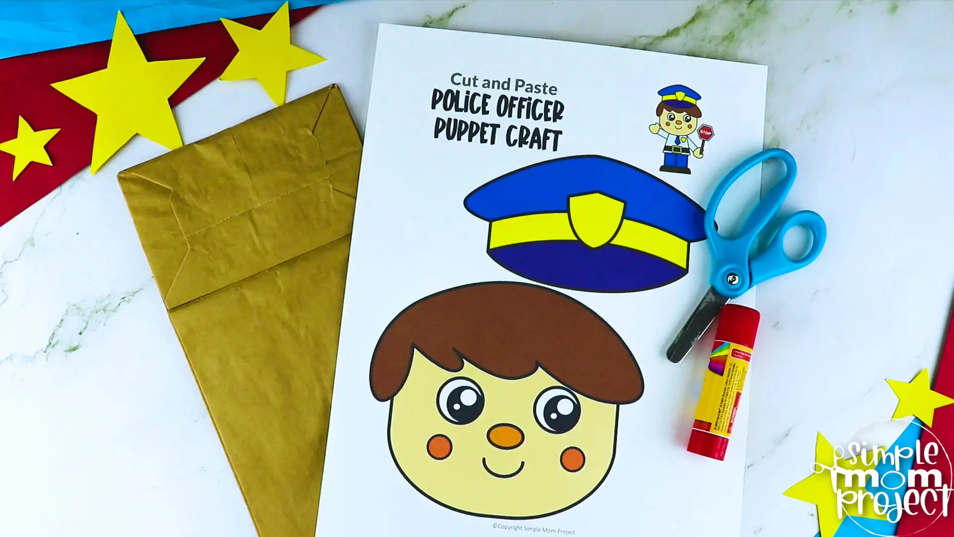 Printable Police Officer Paper Bag Puppet Community Helper Craft for Kids Preschooler Toddler