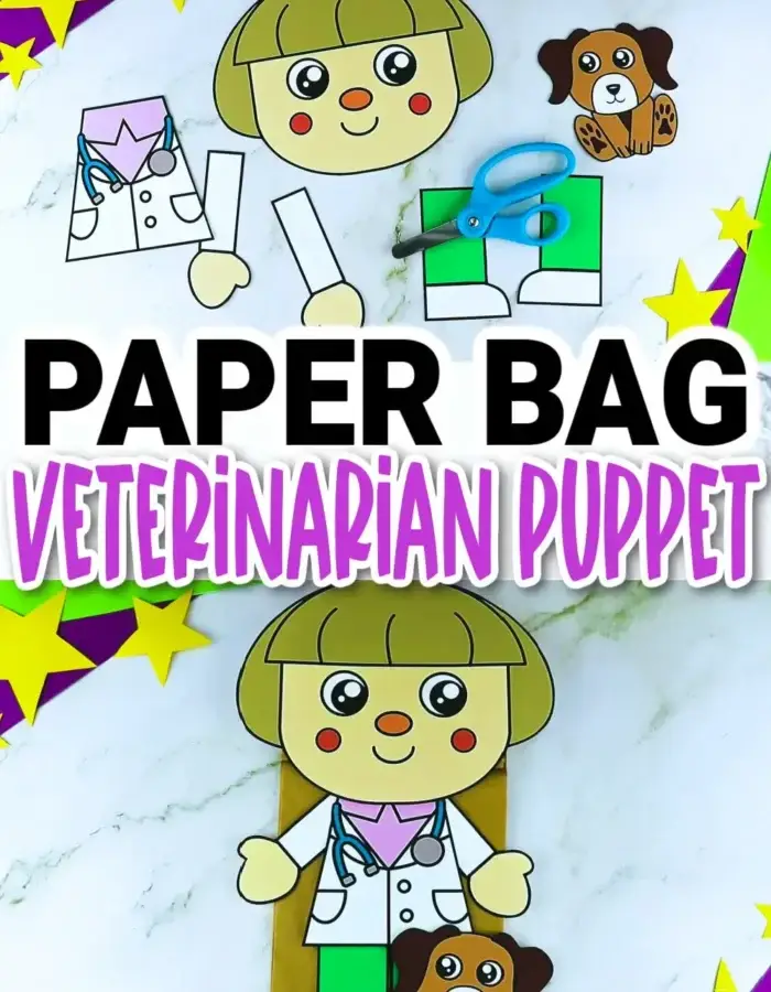 Are your kids pet lovers? Do they love to pretend to play at vet clinics? These printable veterinarian paper bag puppet crafts are the perfect activities for them! These diy veterinarian hand puppets would make a great addition to your community helper theme puppet show or decorations. Take out your crafting materials and download these printable veterinarian puppet templates now!