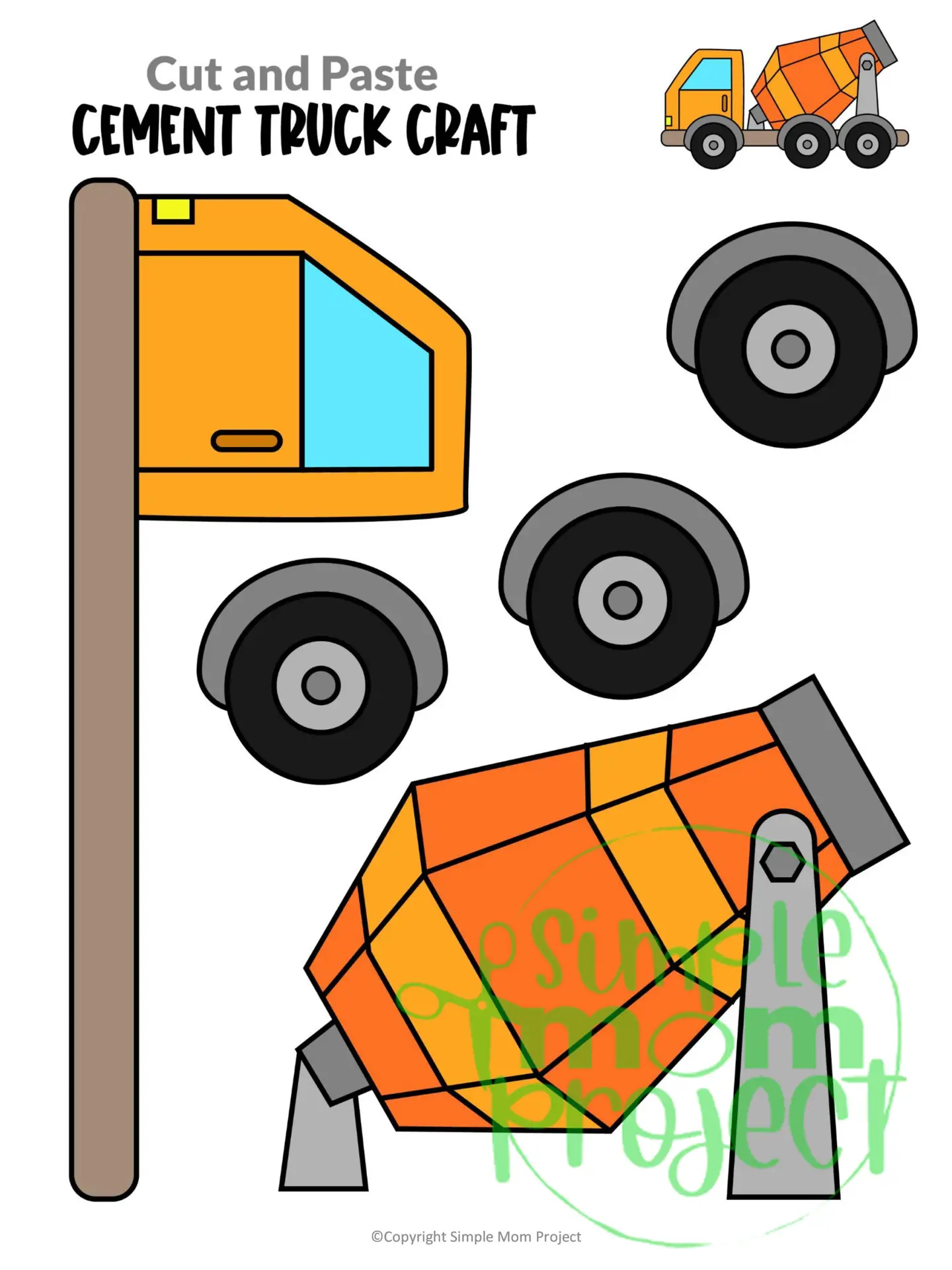 Printable Cement Truck Craft Transportation Vehicle Template for Kids, Preschool, Toddlers, Kindergarten Kids