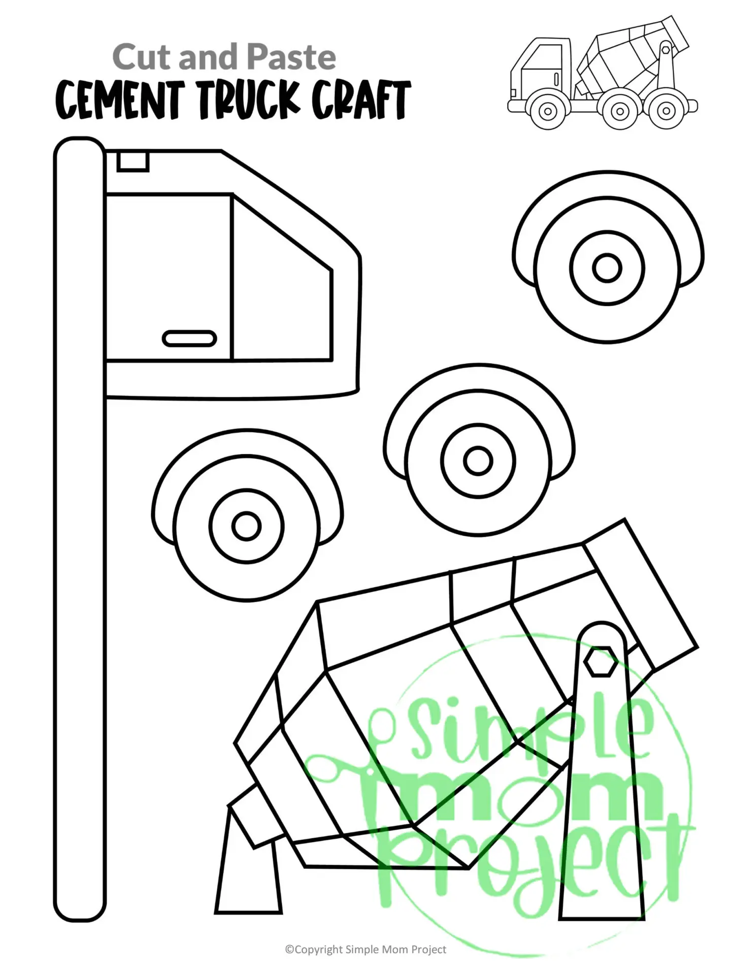 Printable Cement Truck Craft Transportation Vehicle Template for Kids, Preschool, Toddlers, Kindergarten Kids 2